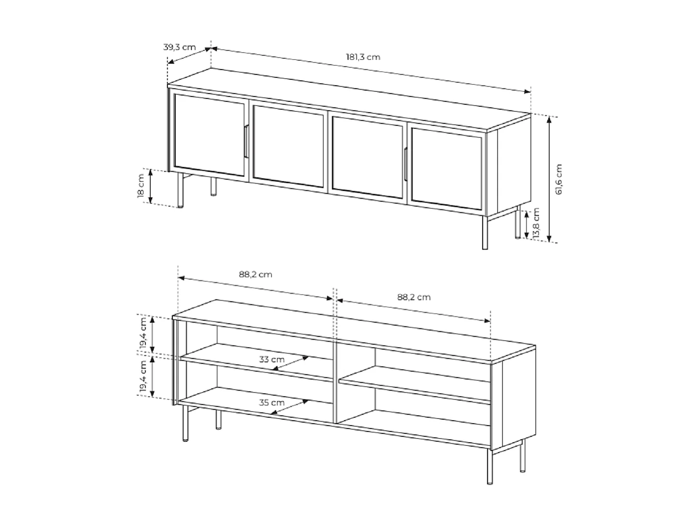 Meuble TV 180 cm Senzia avec LED - 4 portes en verre, pieds hauts 18 cm - cachemire