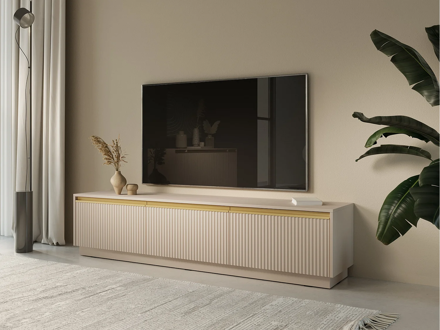 Hängendes / stehendes TV-Lowboard Baron 180 cm, geriffelte Fronten, Beige