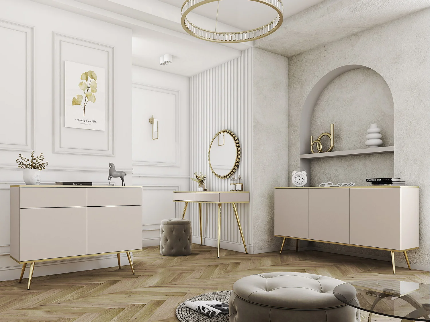 Kaptafel 100 cm voor de slaapkamer Rodi, lade, gouden accenten - beige + goud