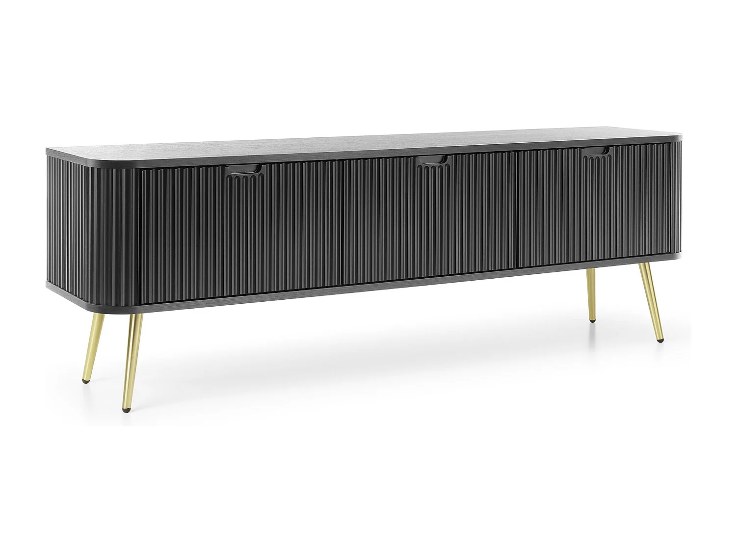 TV-lowboard 170 cm Gerly - tv-meubel met 3 deuren, geribbelde fronten, metalen poten - zwart + goud