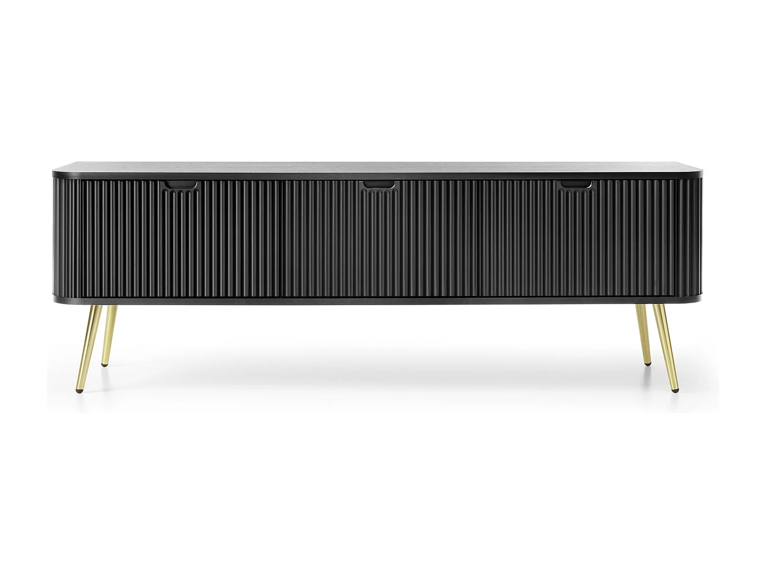 TV-lowboard 170 cm Gerly - tv-meubel met 3 deuren, geribbelde fronten, metalen poten - zwart + goud