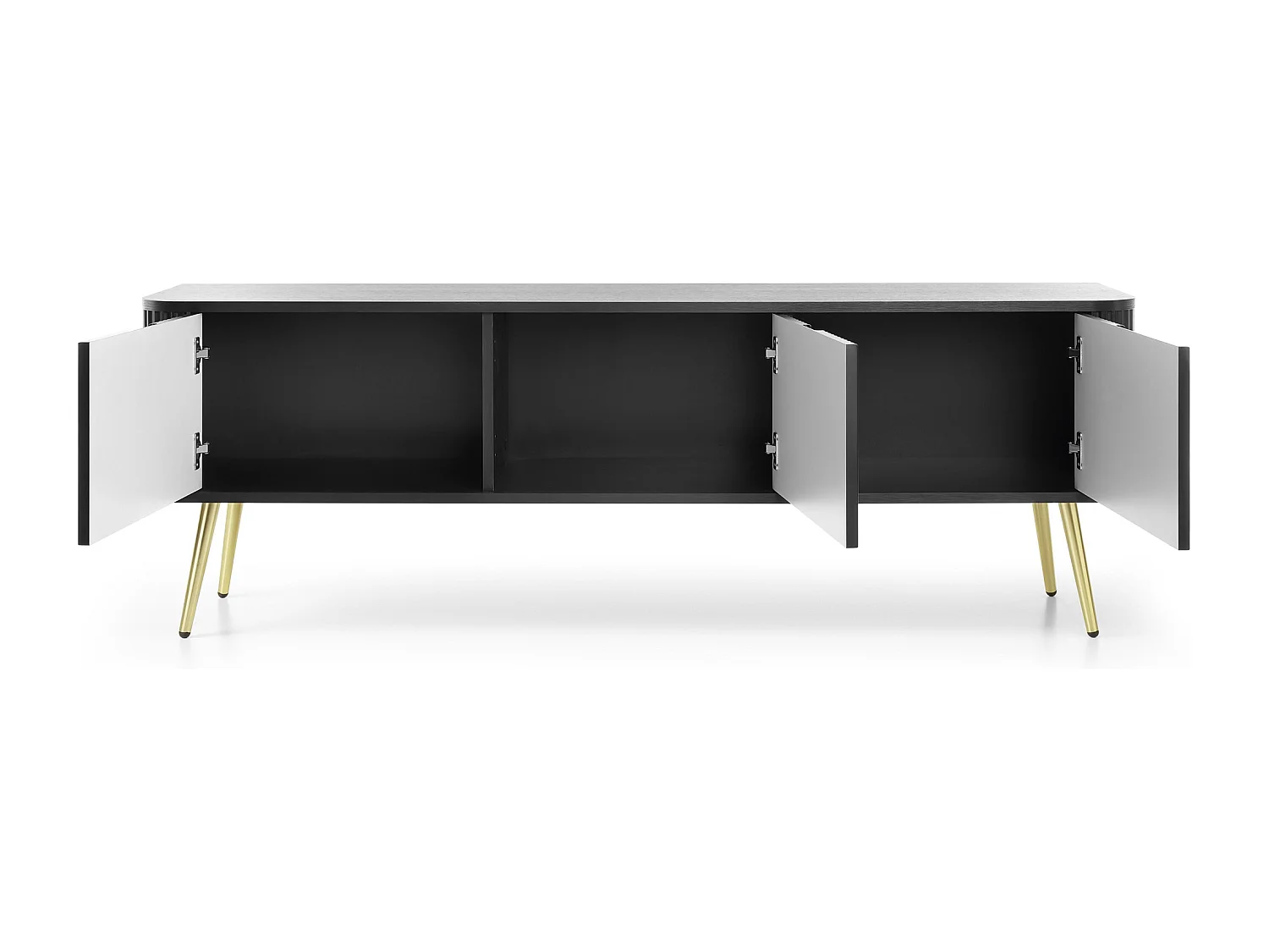 TV-lowboard 170 cm Gerly - tv-meubel met 3 deuren, geribbelde fronten, metalen poten - zwart + goud