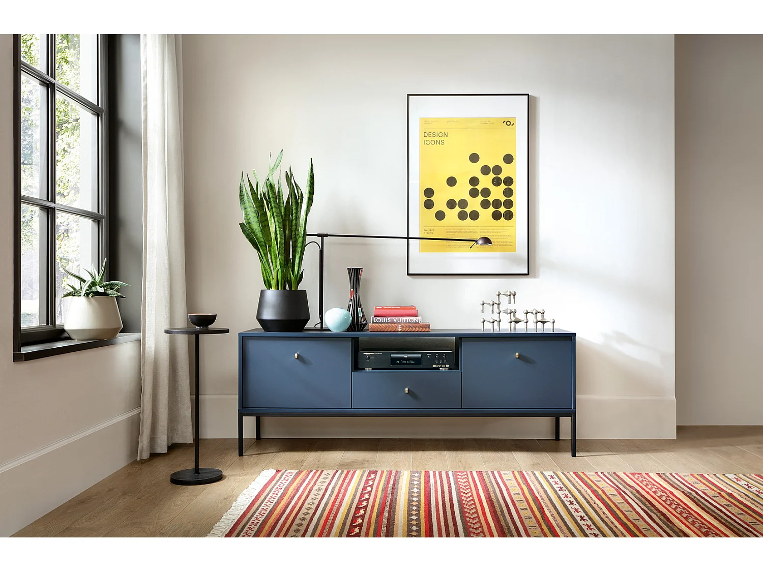 TV-lowboard 150 cm Monti - tv-meubel met lade op poten, 2 deuren - marineblauw + zwart