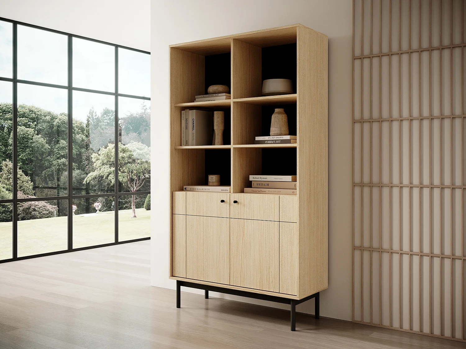 Bibliothèque 2 portes Lunaris 100 cm, meuble pour bureau, salon - chêne Linea