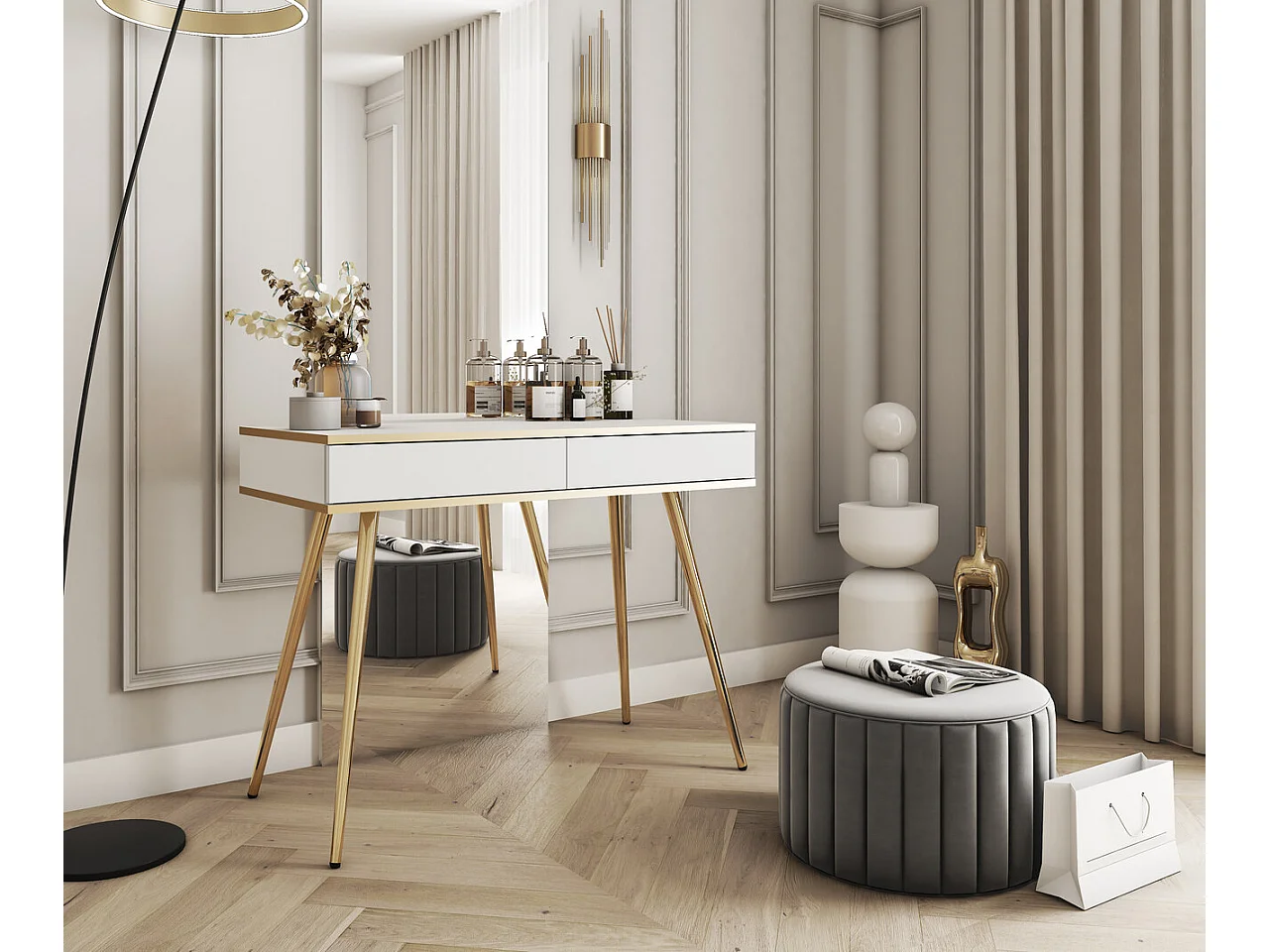Kaptafel 100 cm voor de slaapkamer Rodi, lade, gouden accenten - wit + goud