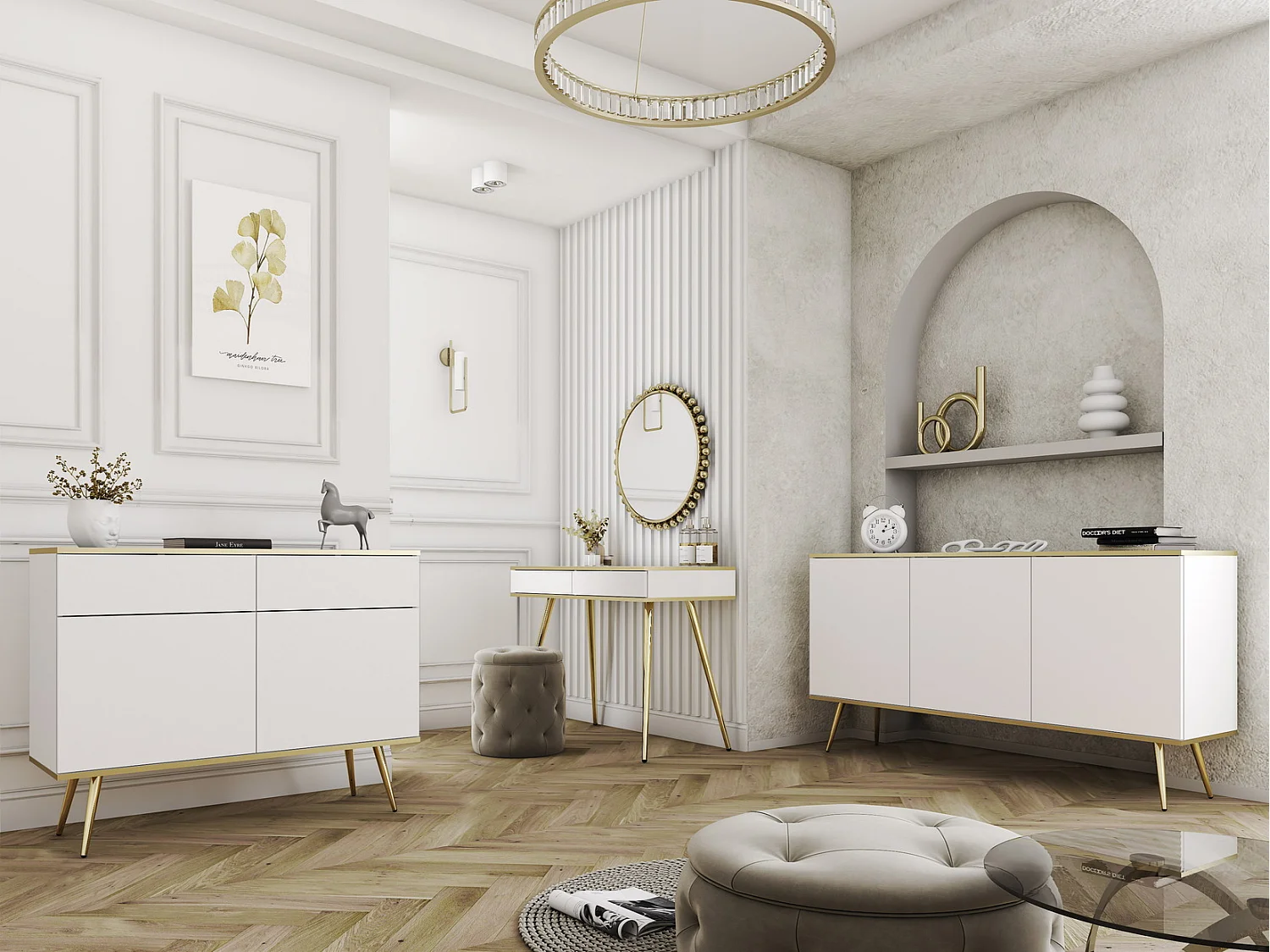 Kaptafel 100 cm voor de slaapkamer Rodi, lade, gouden accenten - wit + goud