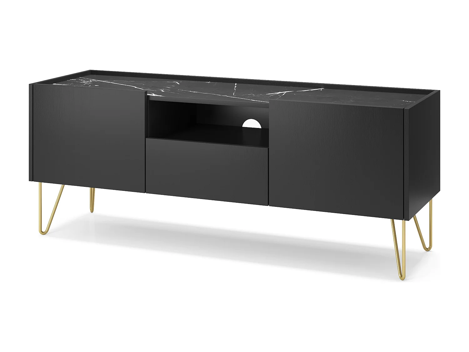 TV-meubel 145 cm zwart Olven, gouden pootjes, marmer - 2-deurs tv-kast voor de woonkamer