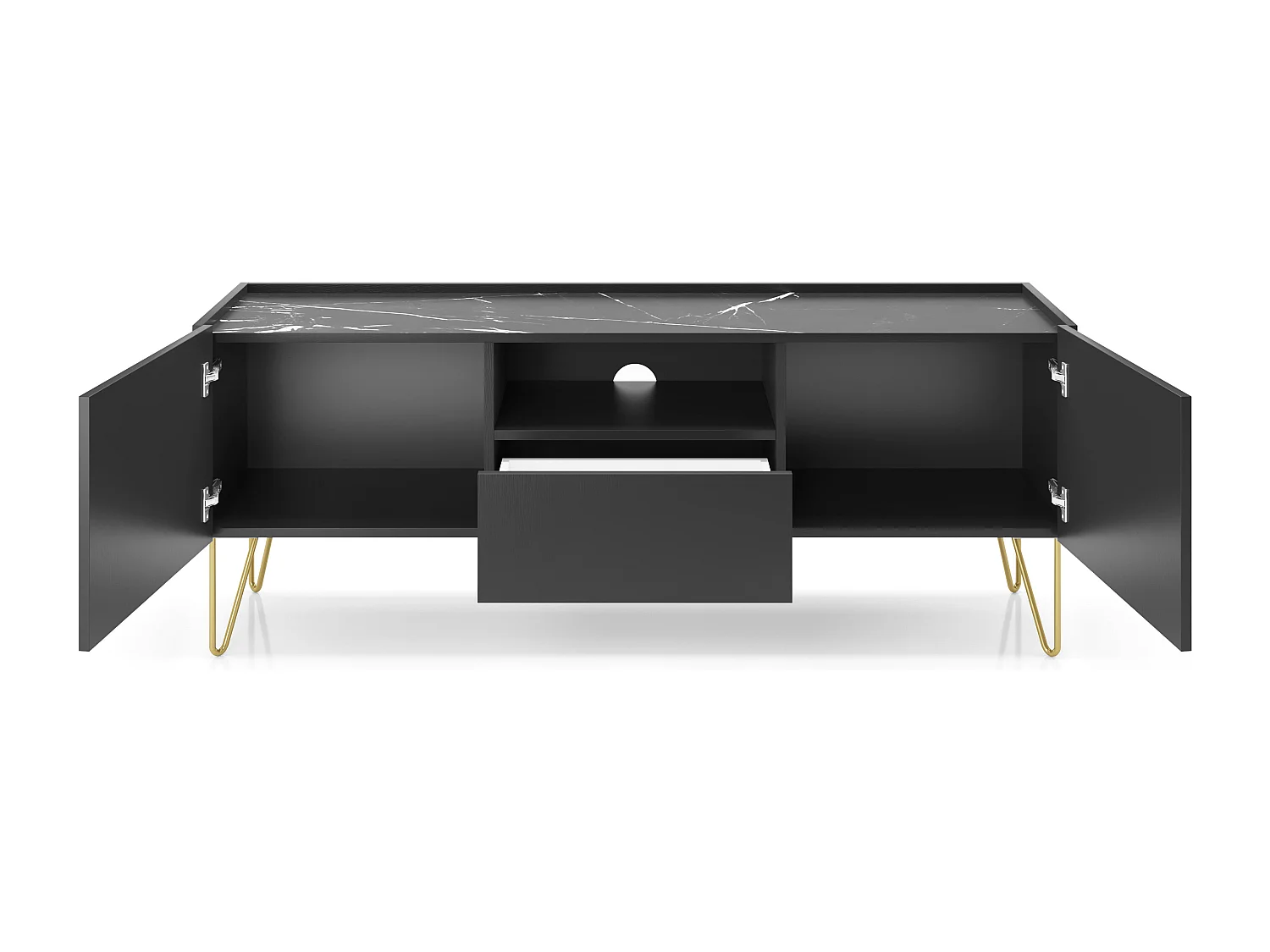 TV-meubel 145 cm zwart Olven, gouden pootjes, marmer - 2-deurs tv-kast voor de woonkamer