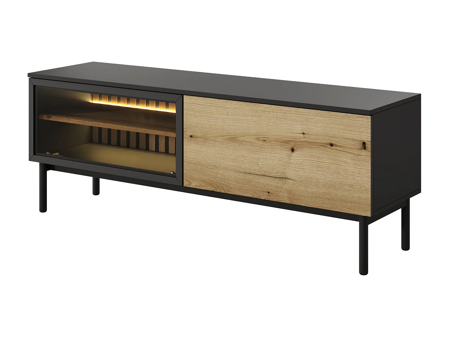 Meuble TV 150 cm Jotare - éclairage LED, pieds 20 cm - meuble TV 2 portes, chêne Evoke