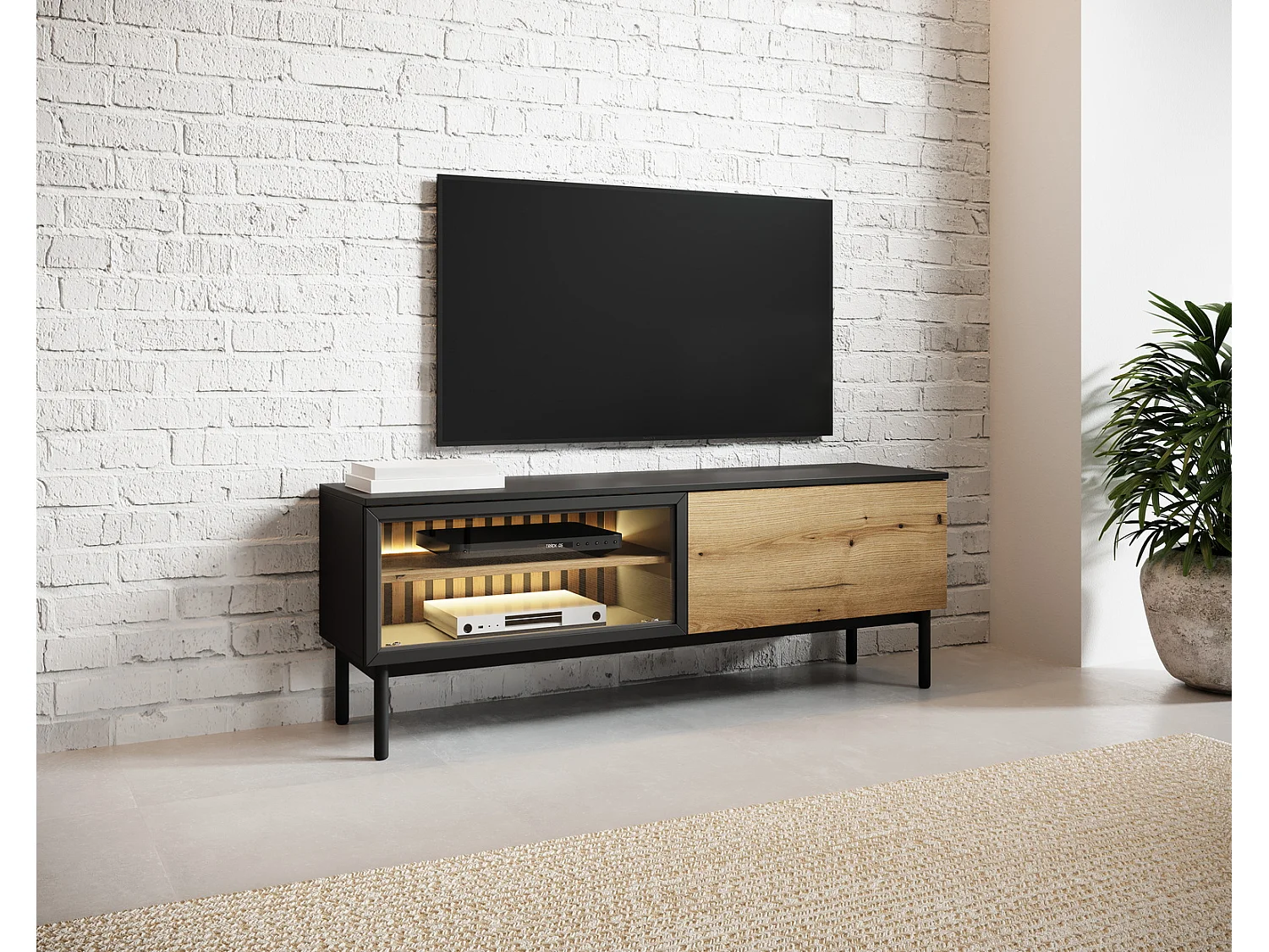Meuble TV 150 cm Jotare - éclairage LED, pieds 20 cm - meuble TV 2 portes, chêne Evoke