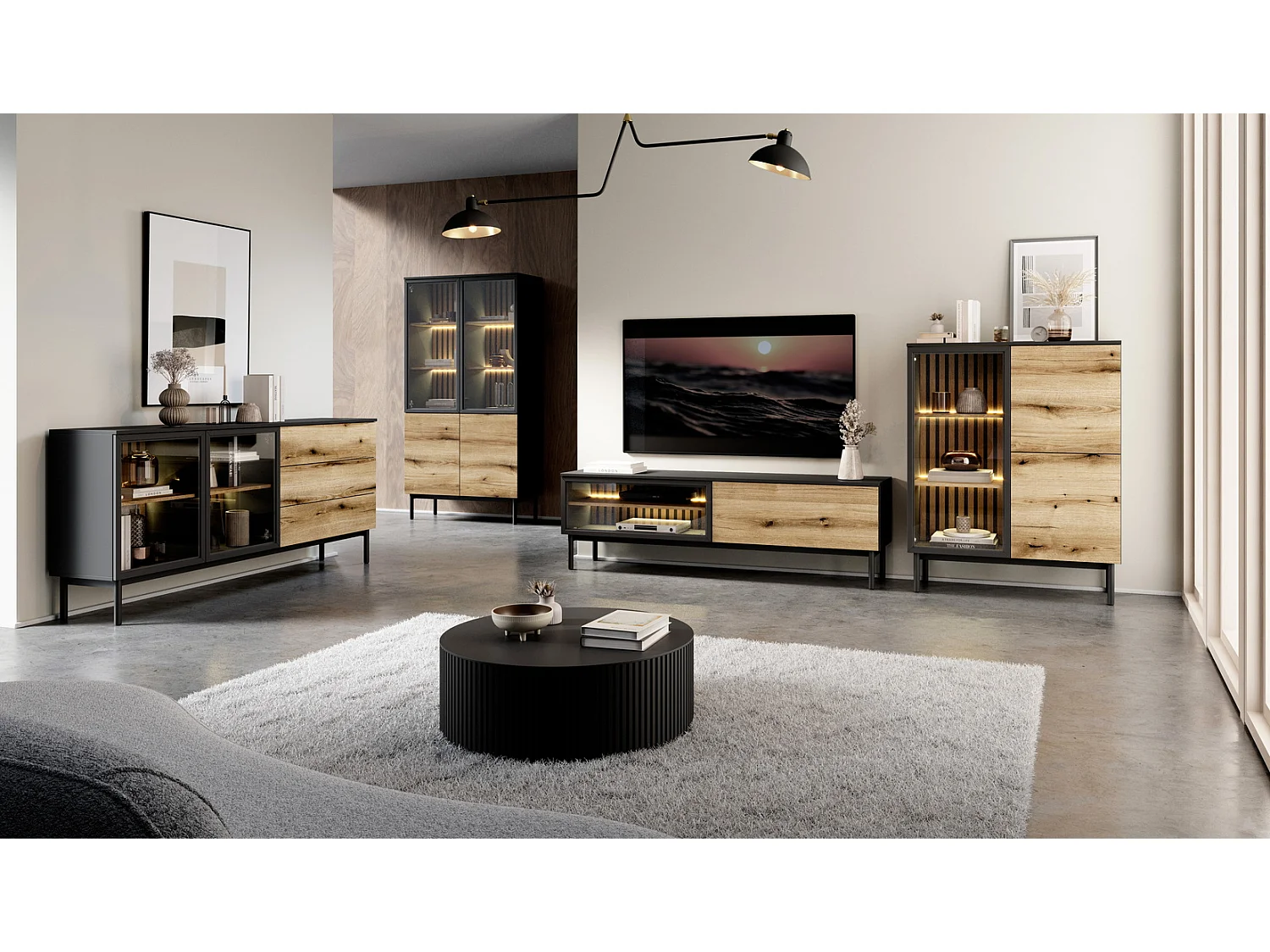 Meuble TV 150 cm Jotare - éclairage LED, pieds 20 cm - meuble TV 2 portes, chêne Evoke