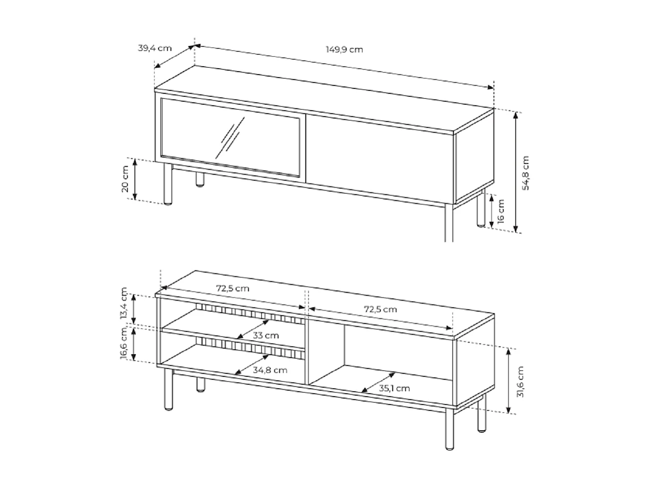 Meuble TV 150 cm Jotare - éclairage LED, pieds 20 cm - meuble TV 2 portes, chêne Evoke