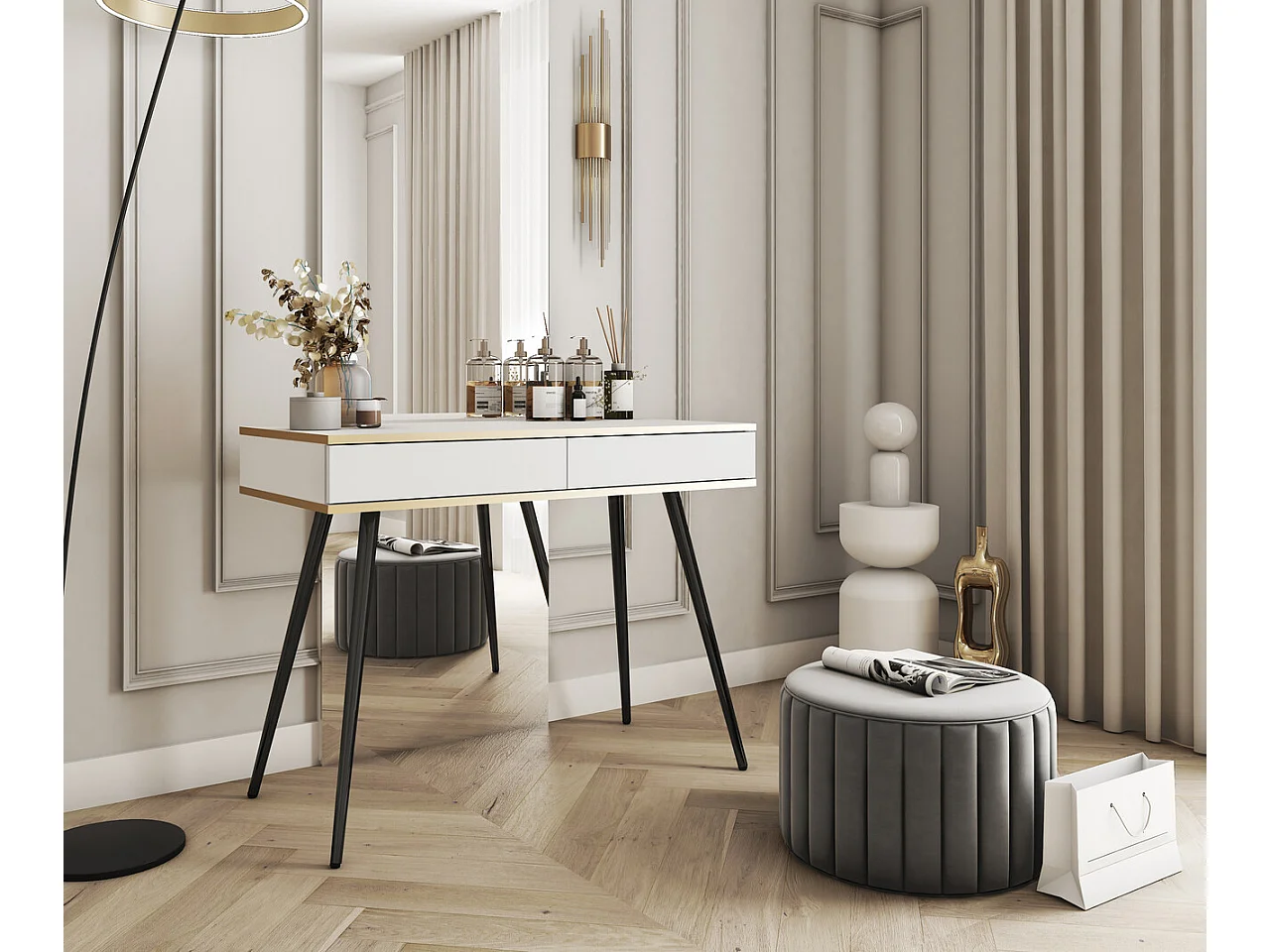 Coiffeuse 100 cm pour chambre Rodi, tiroir, détails dorés - blanc + noir