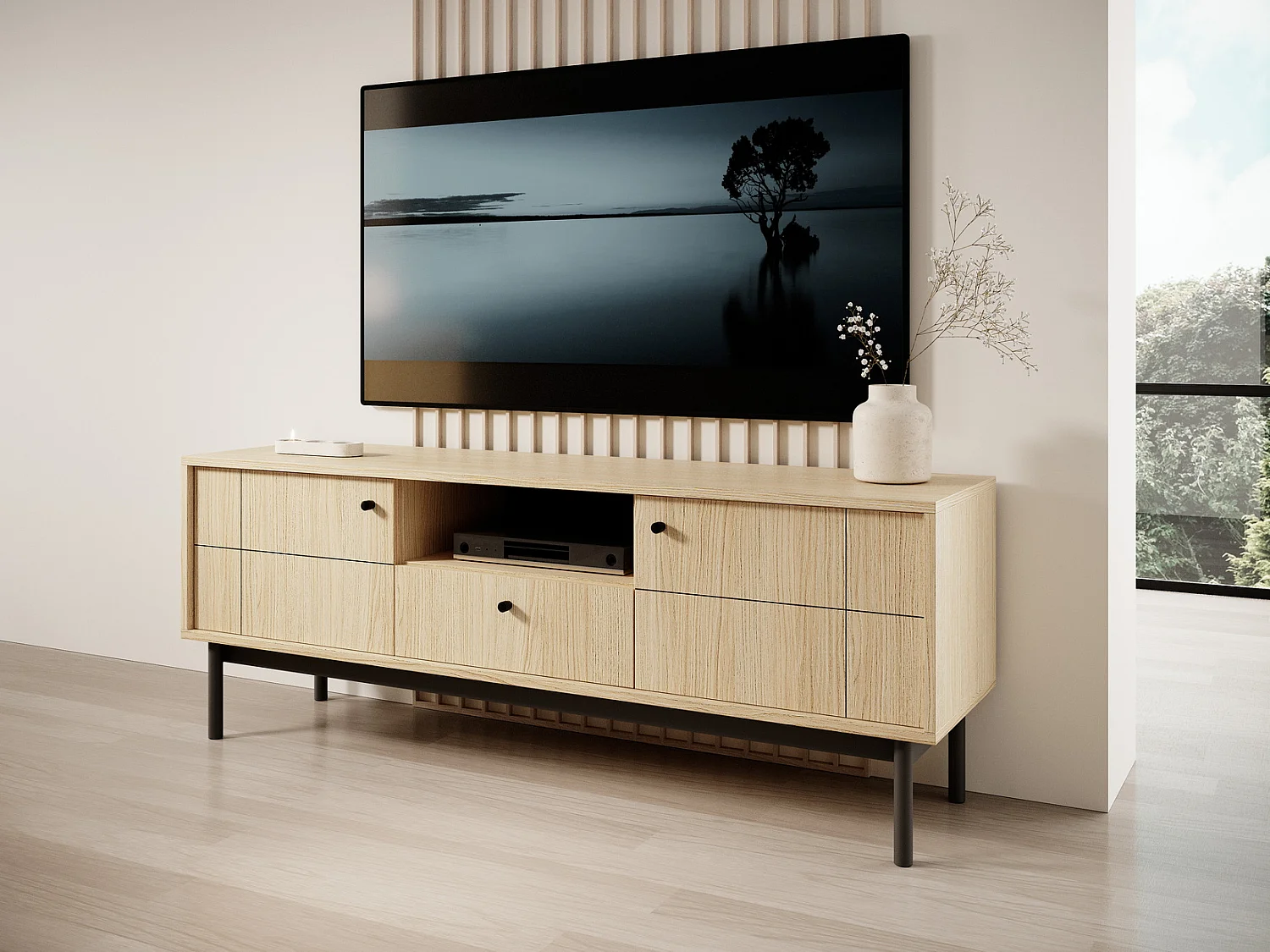 Szafka RTV do salonu 155 cm Lunaris z szufladą, 2 drzwi, na nóżkach - Dąb Linea