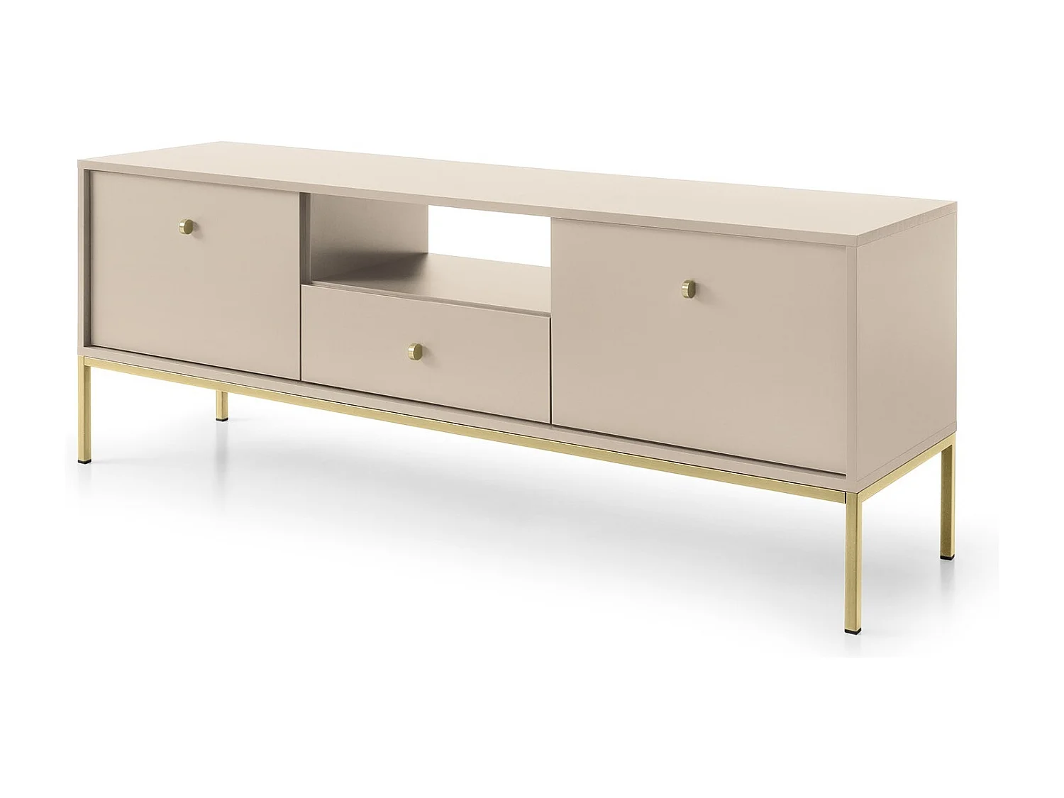 TV-lowboard 150 cm Monti - tv-meubel met lade op poten, 2 deuren - beige + goud