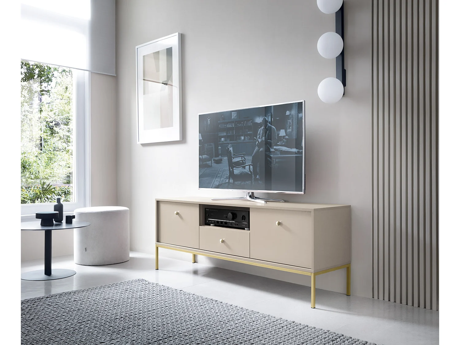 TV-lowboard 150 cm Monti - tv-meubel met lade op poten, 2 deuren - beige + goud