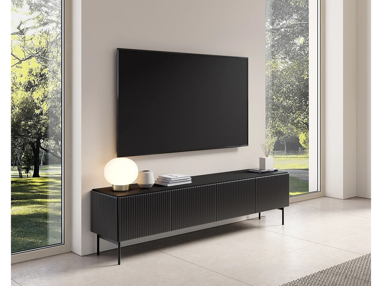 TV-meubel met geribbelde fronten 195 cm Galiano op poten - 4 deuren, tv-meubel voor de woonkamer - zwart