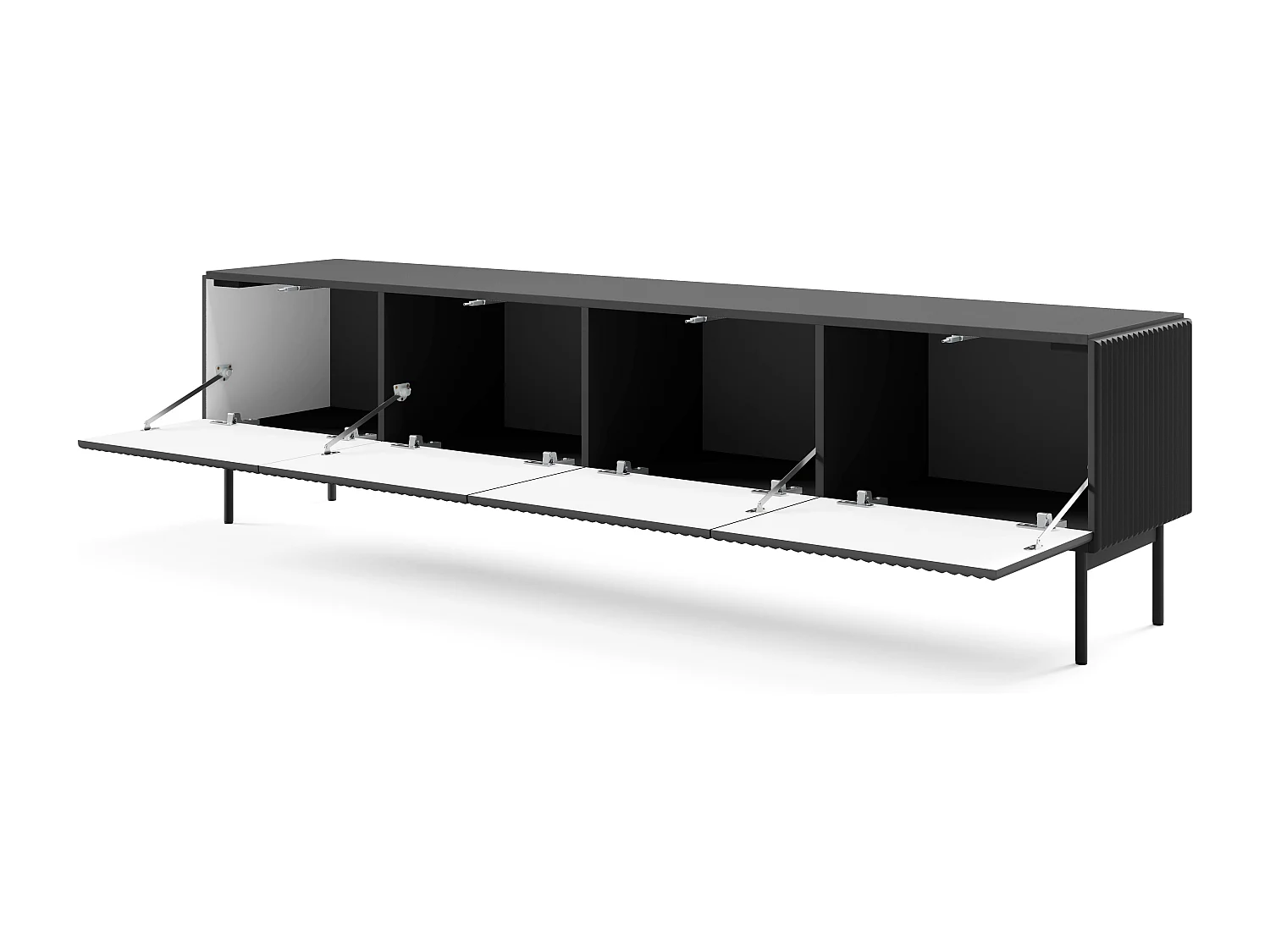 TV-meubel met geribbelde fronten 195 cm Galiano op poten - 4 deuren, tv-meubel voor de woonkamer - zwart