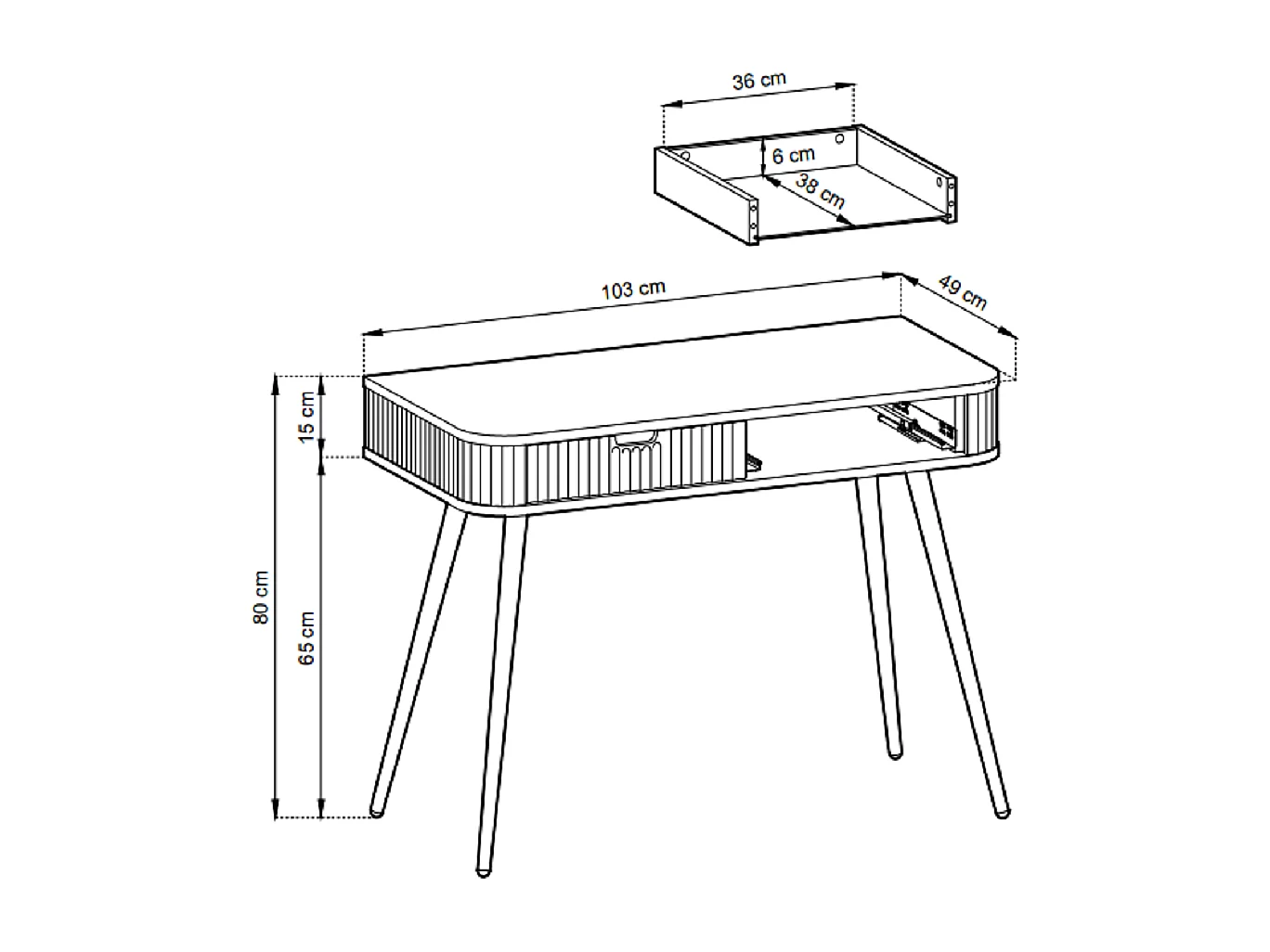 Kaptafel met lades Gerly - consoletafel 100 cm, geribbelde fronten, zwart + goud