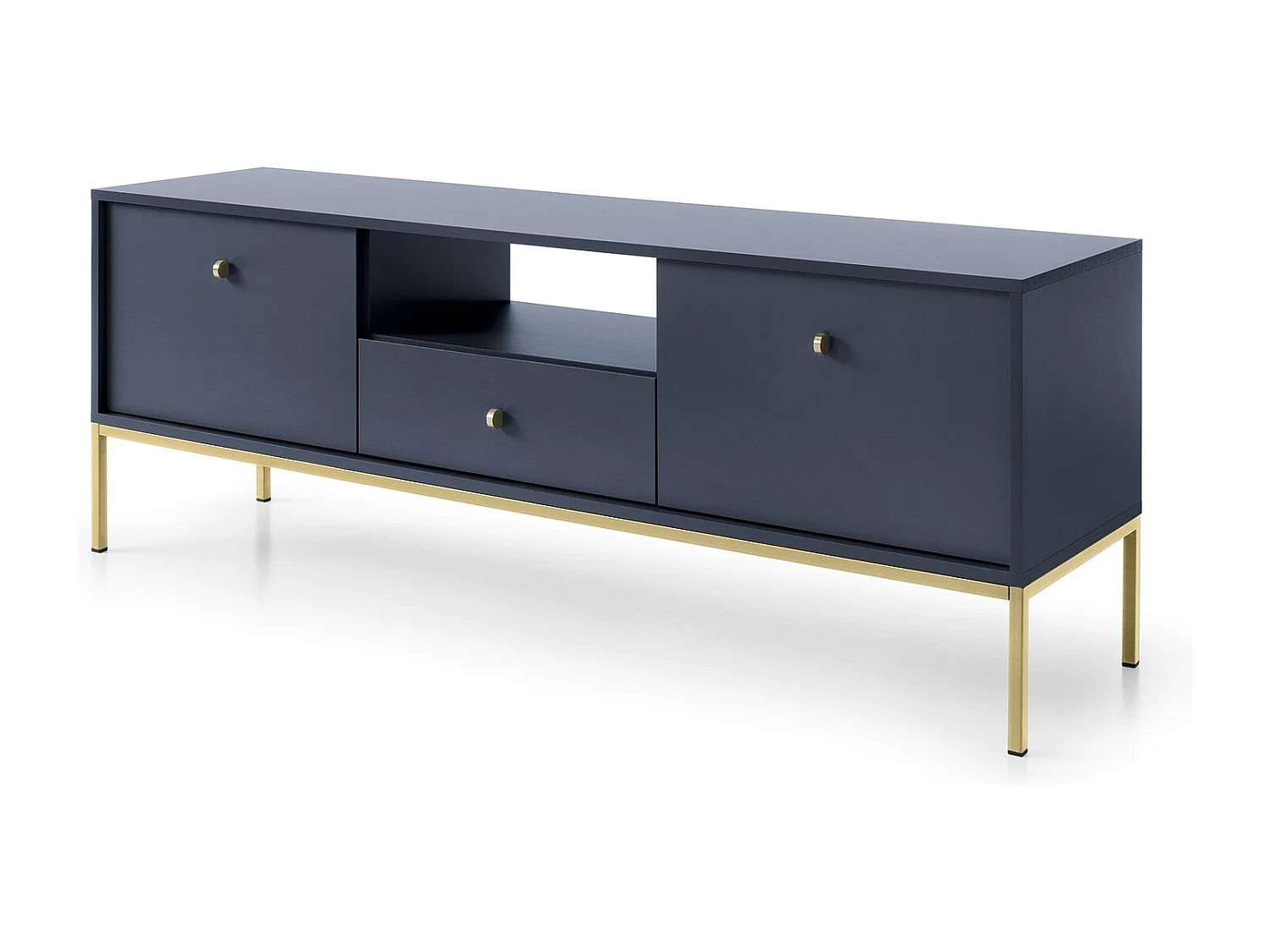 TV-lowboard 150 cm Monti - tv-meubel met lade op poten, 2 deuren - marineblauw + goud