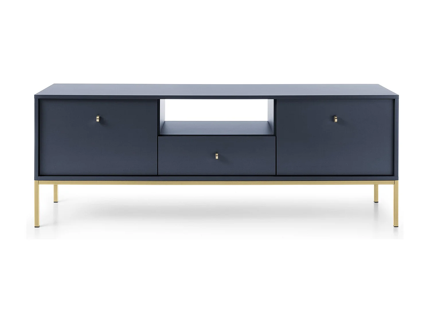 TV-lowboard 150 cm Monti - tv-meubel met lade op poten, 2 deuren - marineblauw + goud