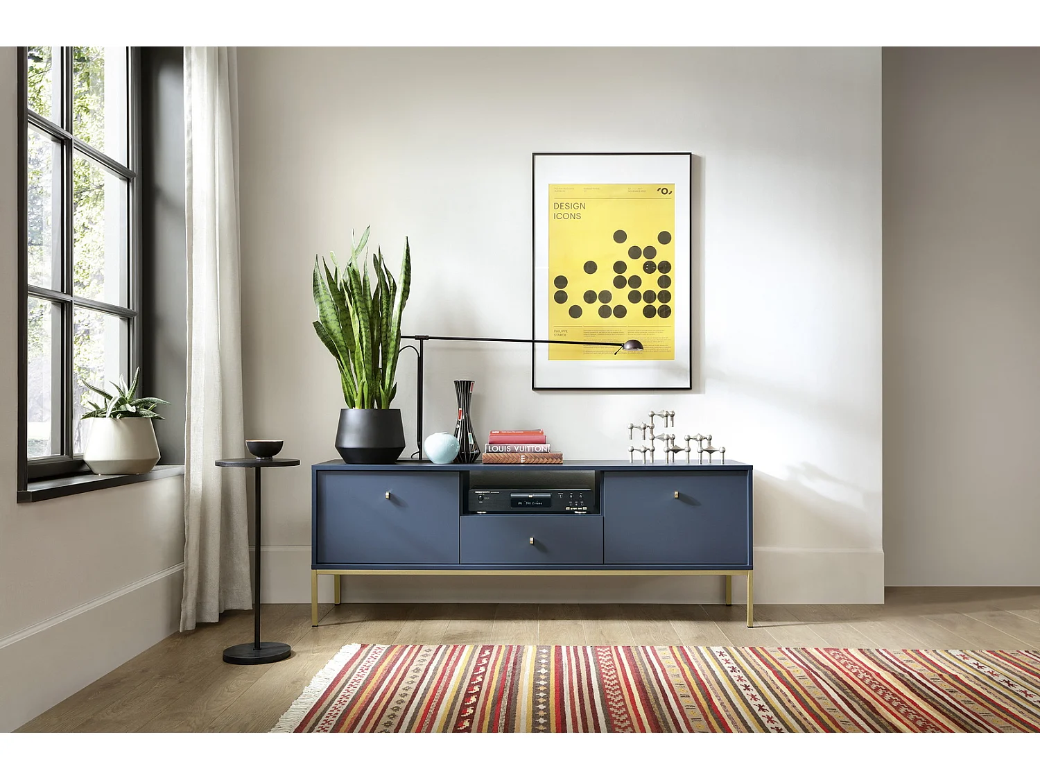 TV-lowboard 150 cm Monti - tv-meubel met lade op poten, 2 deuren - marineblauw + goud