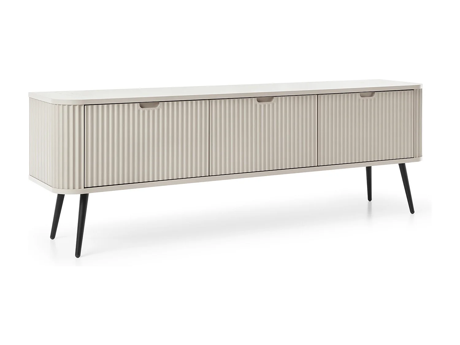 TV-lowboard 170 cm Gerly - tv-meubel met 3 deuren, geribbelde fronten, metalen poten - beige + zwart