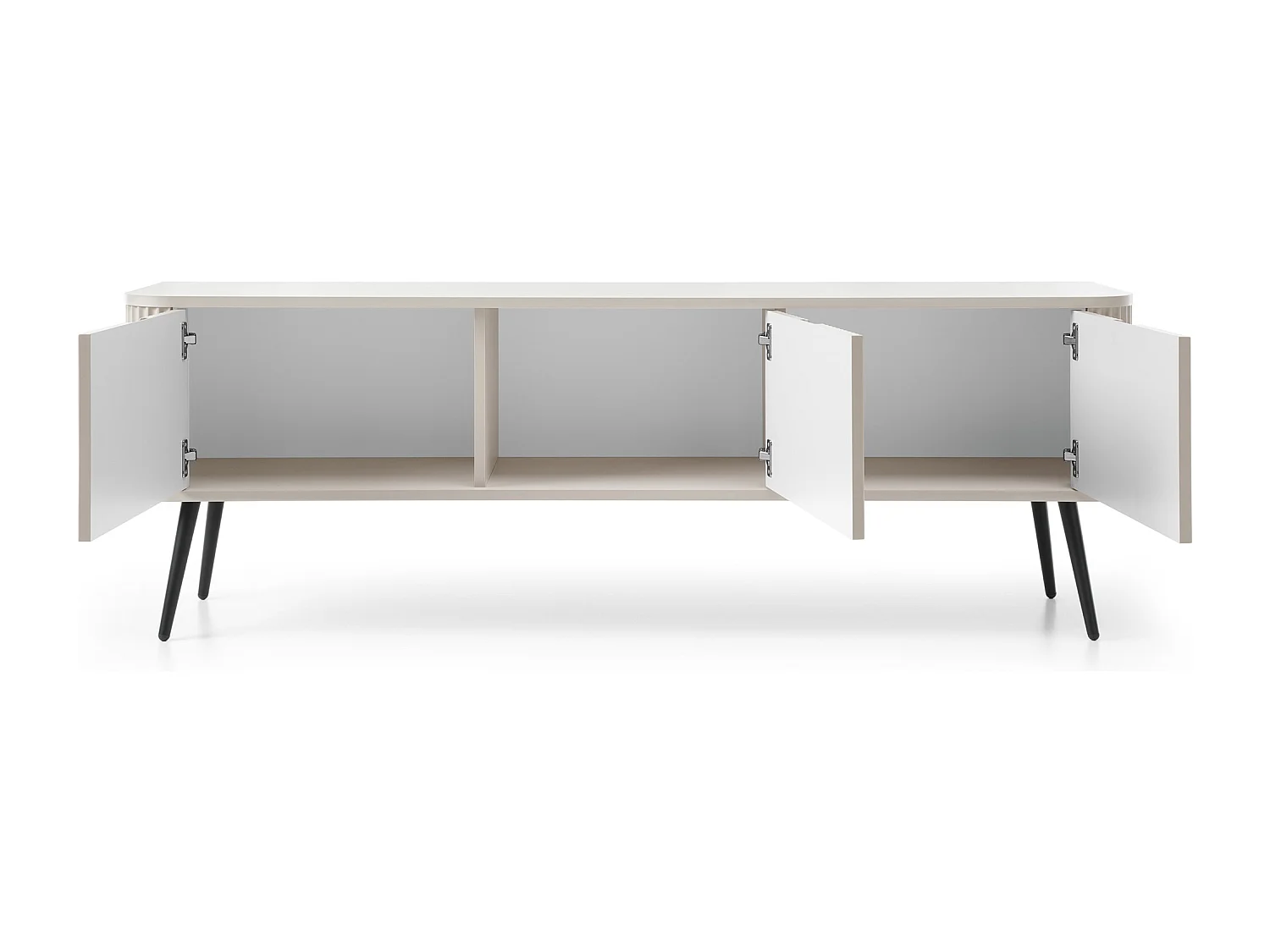 TV-lowboard 170 cm Gerly - tv-meubel met 3 deuren, geribbelde fronten, metalen poten - beige + zwart