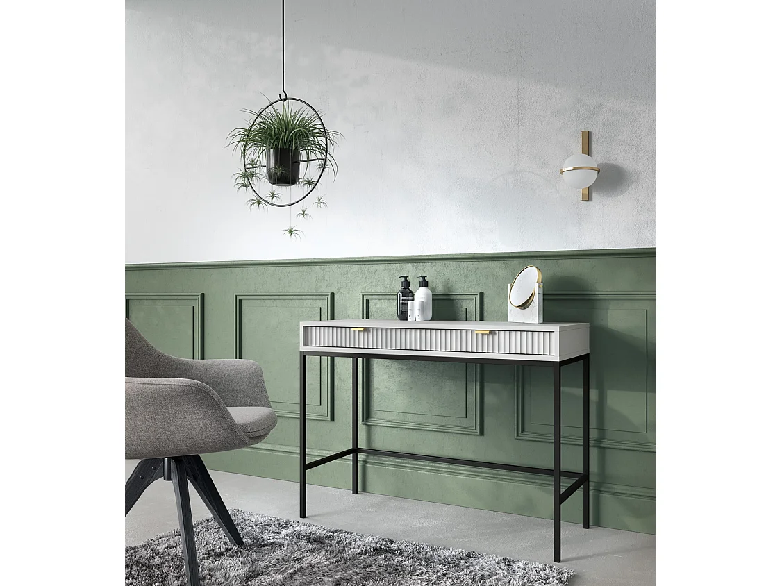 Table console 100 cm Galla - 2 tiroirs, console de chambre, Gris + Noir