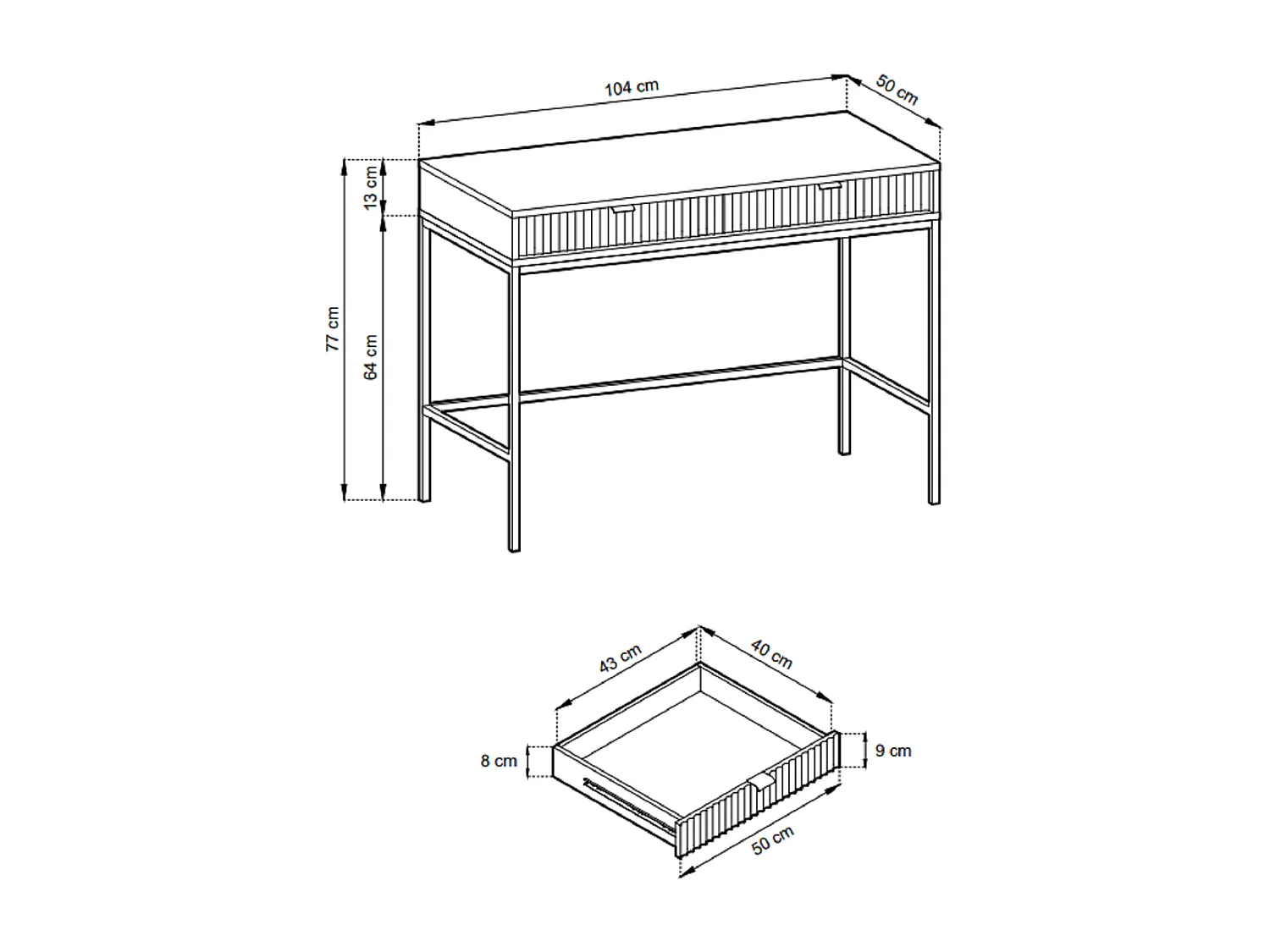 Table console 100 cm Galla - 2 tiroirs, console de chambre, Gris + Noir