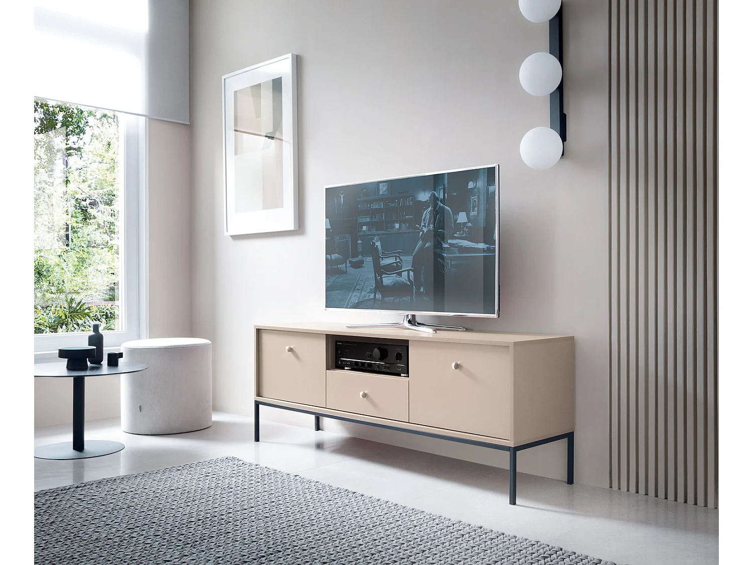 TV-Lowboard 150 cm Monti - TV Shrank mit Schublade auf Beinen, 2 Türen - Beige + Schwarz