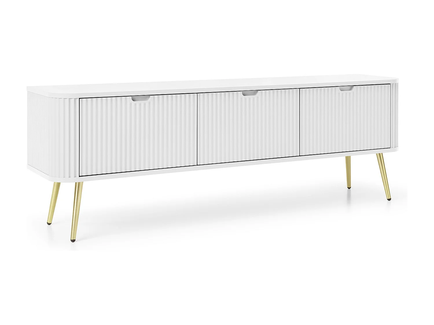 TV-lowboard 170 cm Gerly - tv-meubel met 3 deuren, geribbelde fronten, metalen poten - wit + goud
