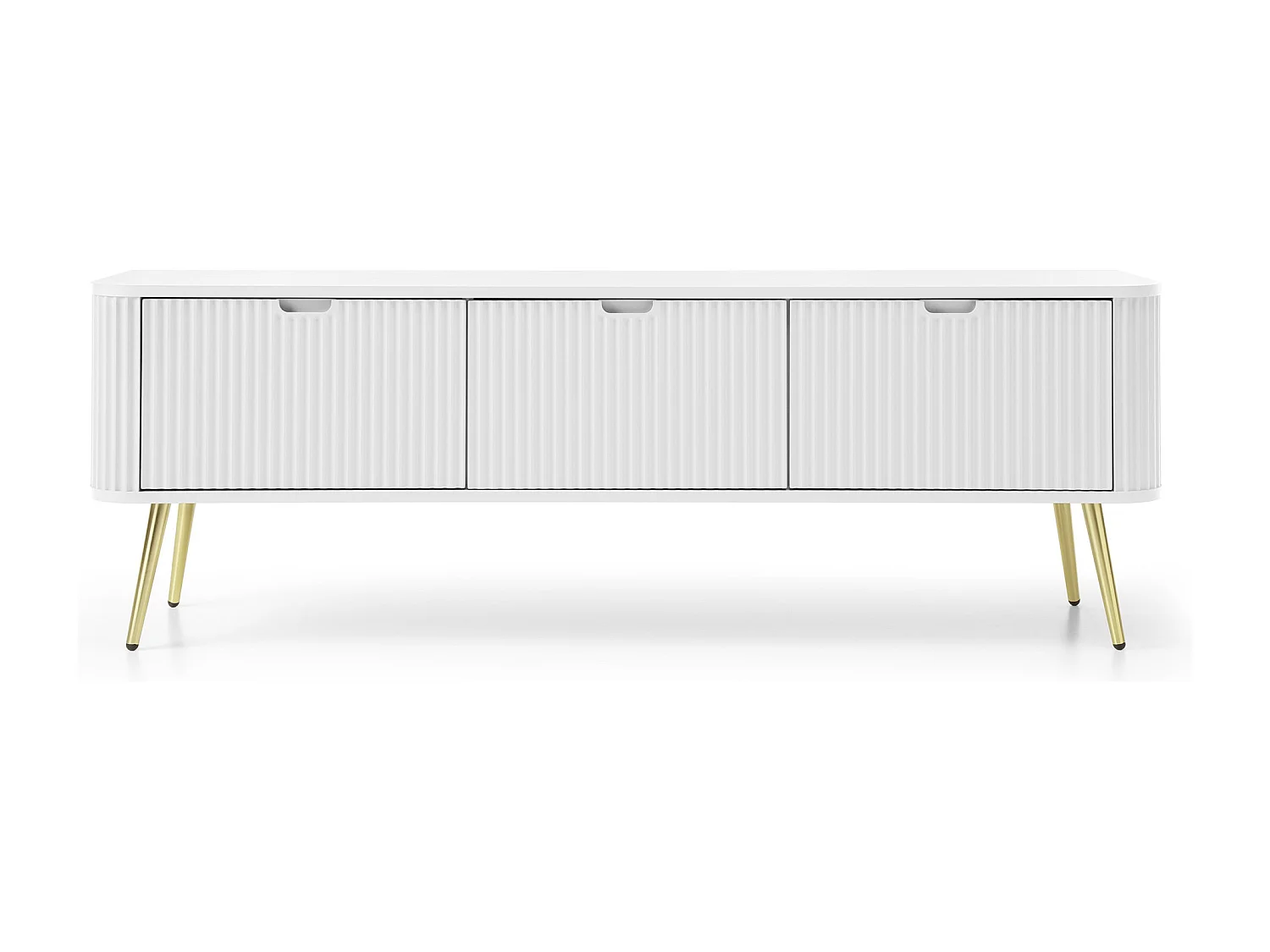 TV-lowboard 170 cm Gerly - tv-meubel met 3 deuren, geribbelde fronten, metalen poten - wit + goud