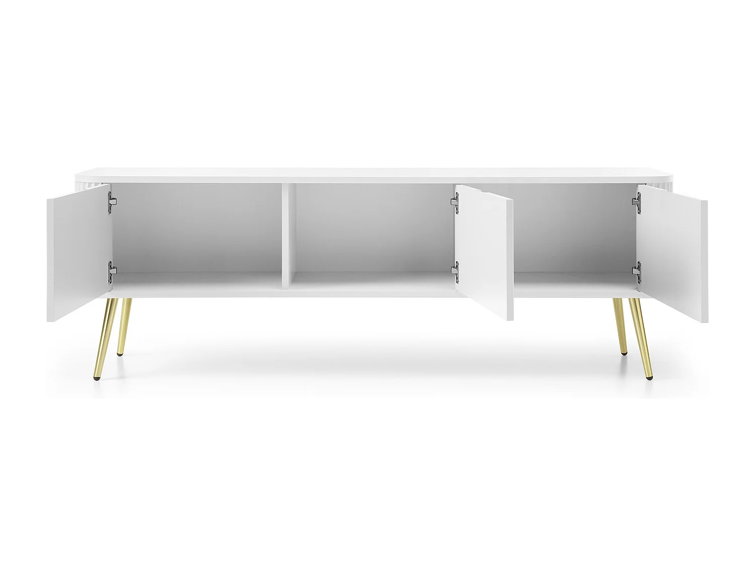 TV-lowboard 170 cm Gerly - tv-meubel met 3 deuren, geribbelde fronten, metalen poten - wit + goud