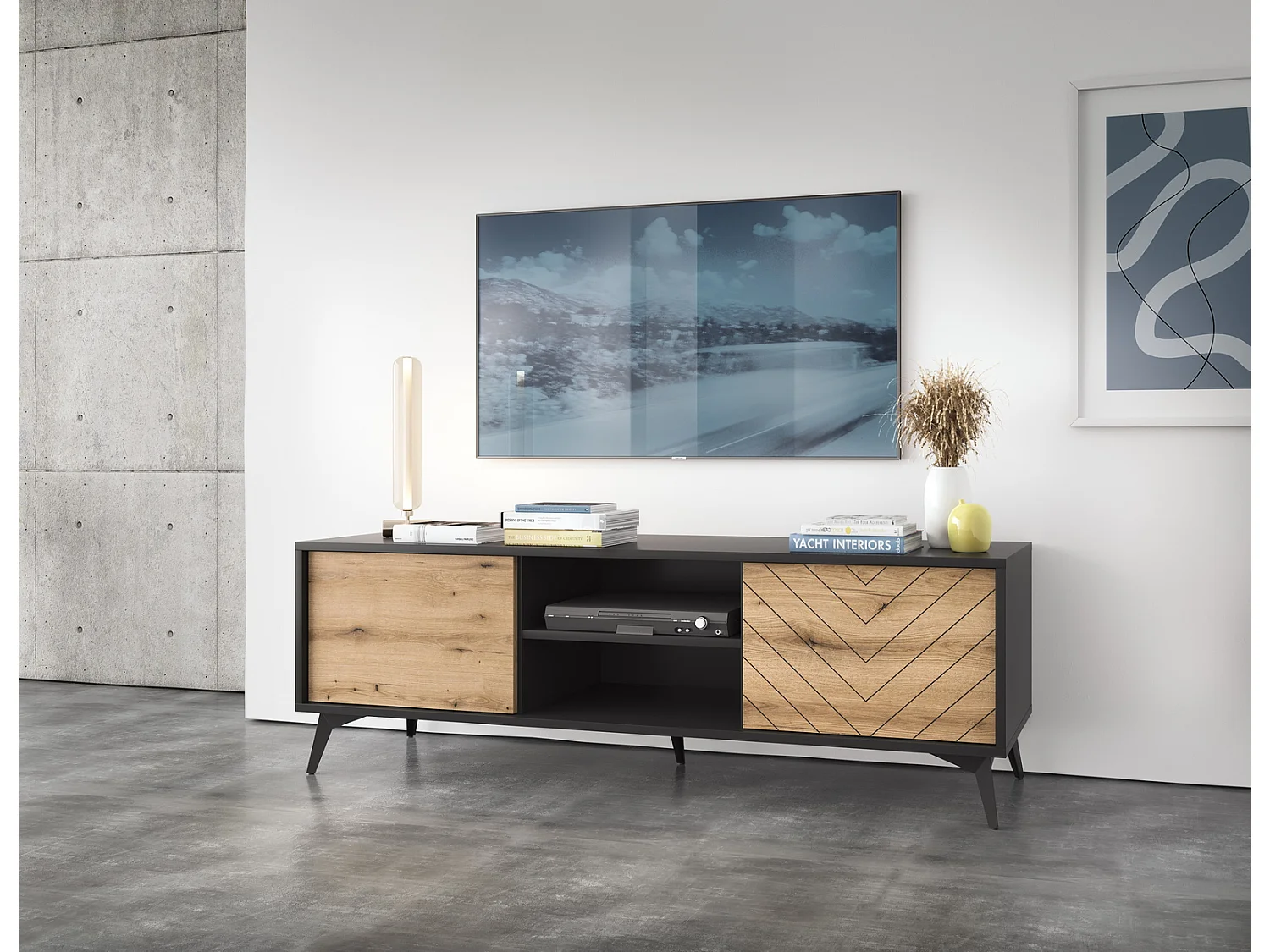 Meuble TV 150 cm Emerald - meuble TV style loft sur pieds, 2 portes, chêne Evoke