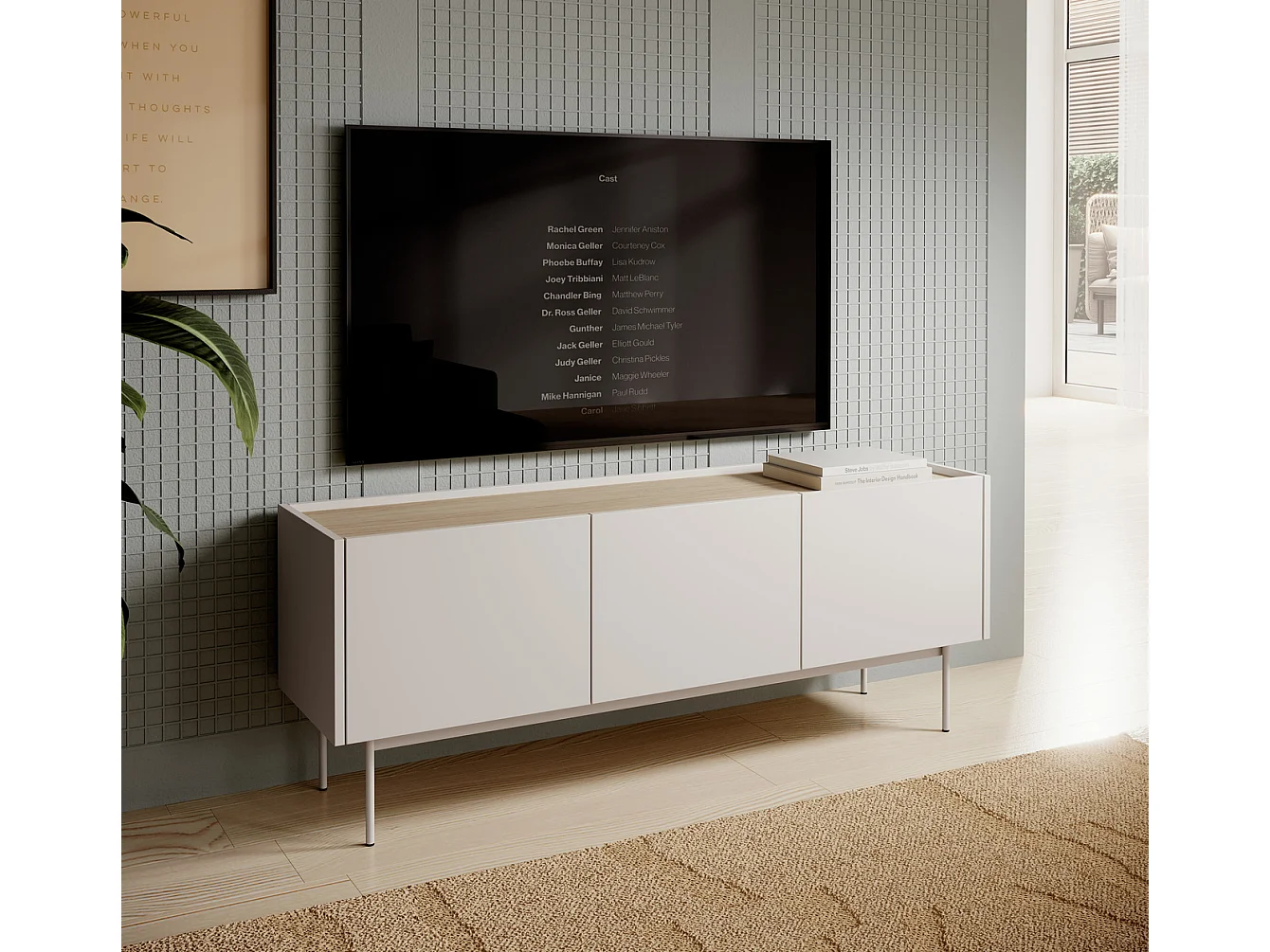 Meuble TV 3 portes Laris - meuble TV 100 cm, salon, sur pieds, cachemire