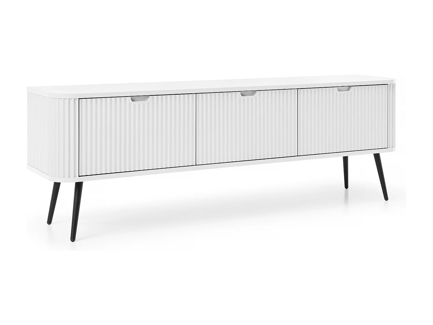 TV-lowboard 170 cm Gerly - tv-meubel met 3 deuren, geribbelde fronten, metalen poten - wit + zwart