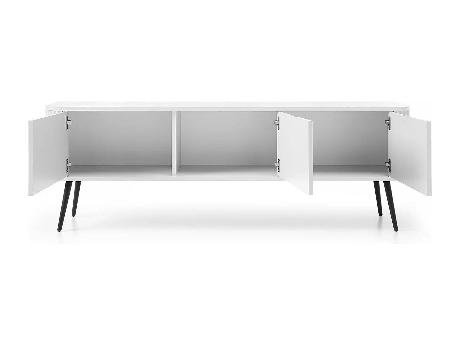 TV-lowboard 170 cm Gerly - tv-meubel met 3 deuren, geribbelde fronten, metalen poten - wit + zwart