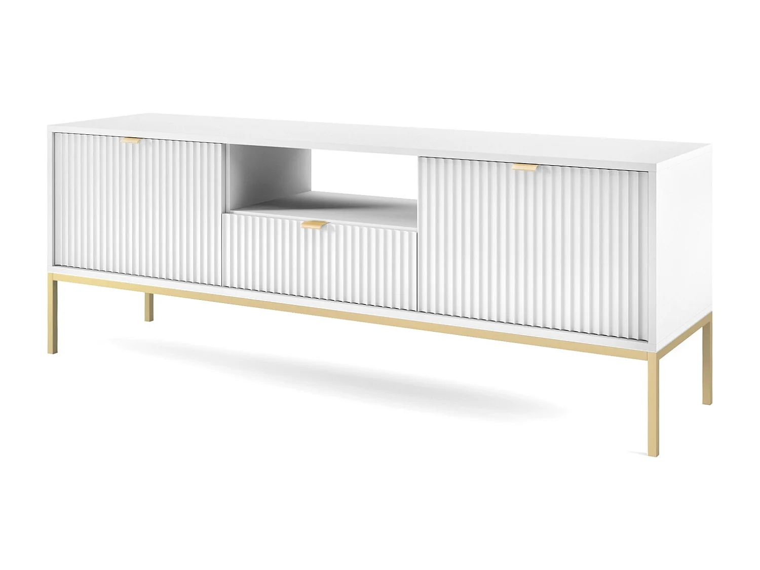 Meuble TV 150 cm Galla - Commode TV à pieds avec tiroir - Blanc + Or