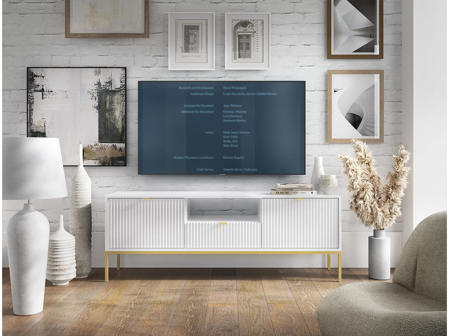 Meuble TV 150 cm Galla - Commode TV à pieds avec tiroir - Blanc + Or
