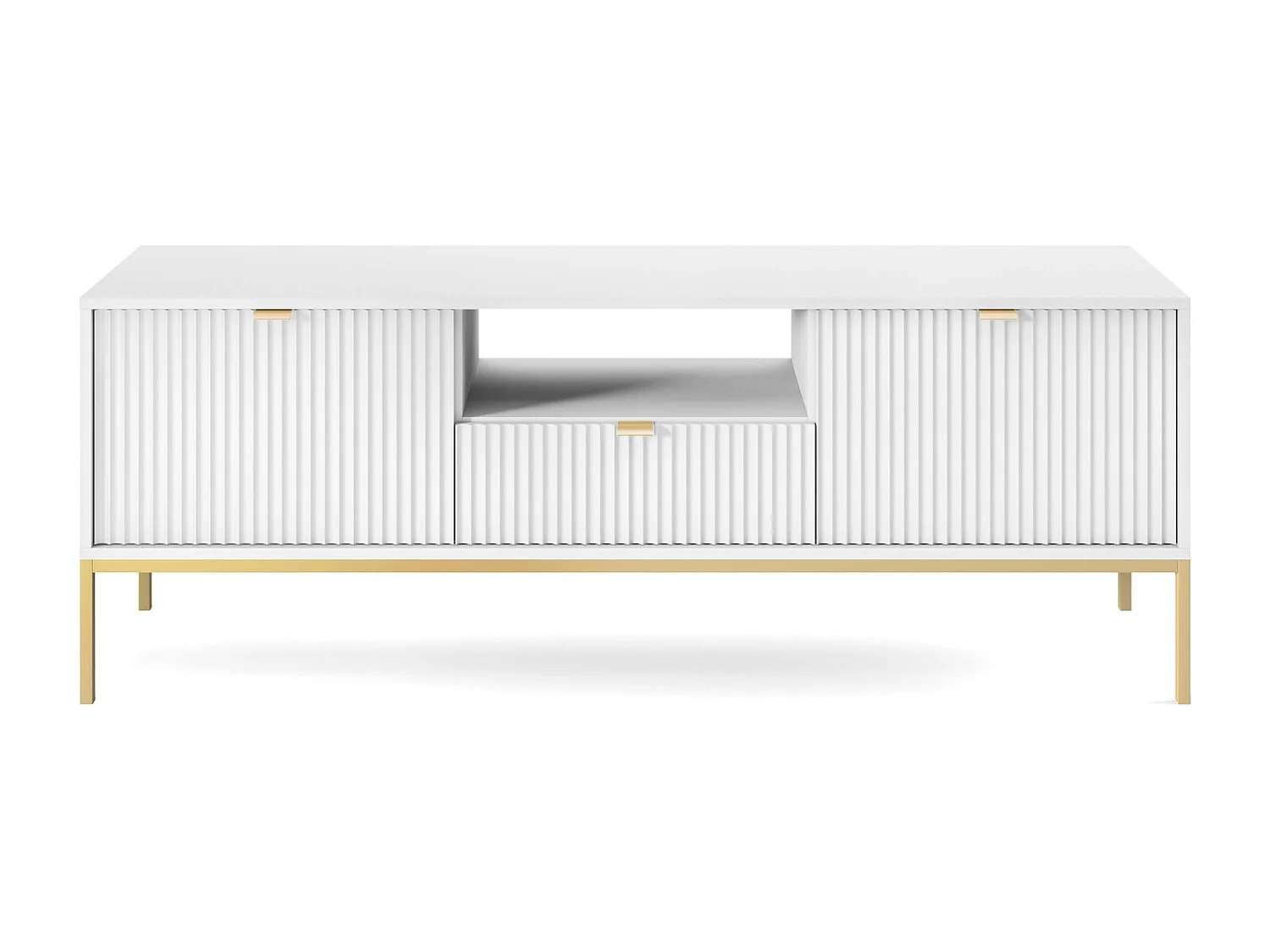 Meuble TV 150 cm Galla - Commode TV à pieds avec tiroir - Blanc + Or