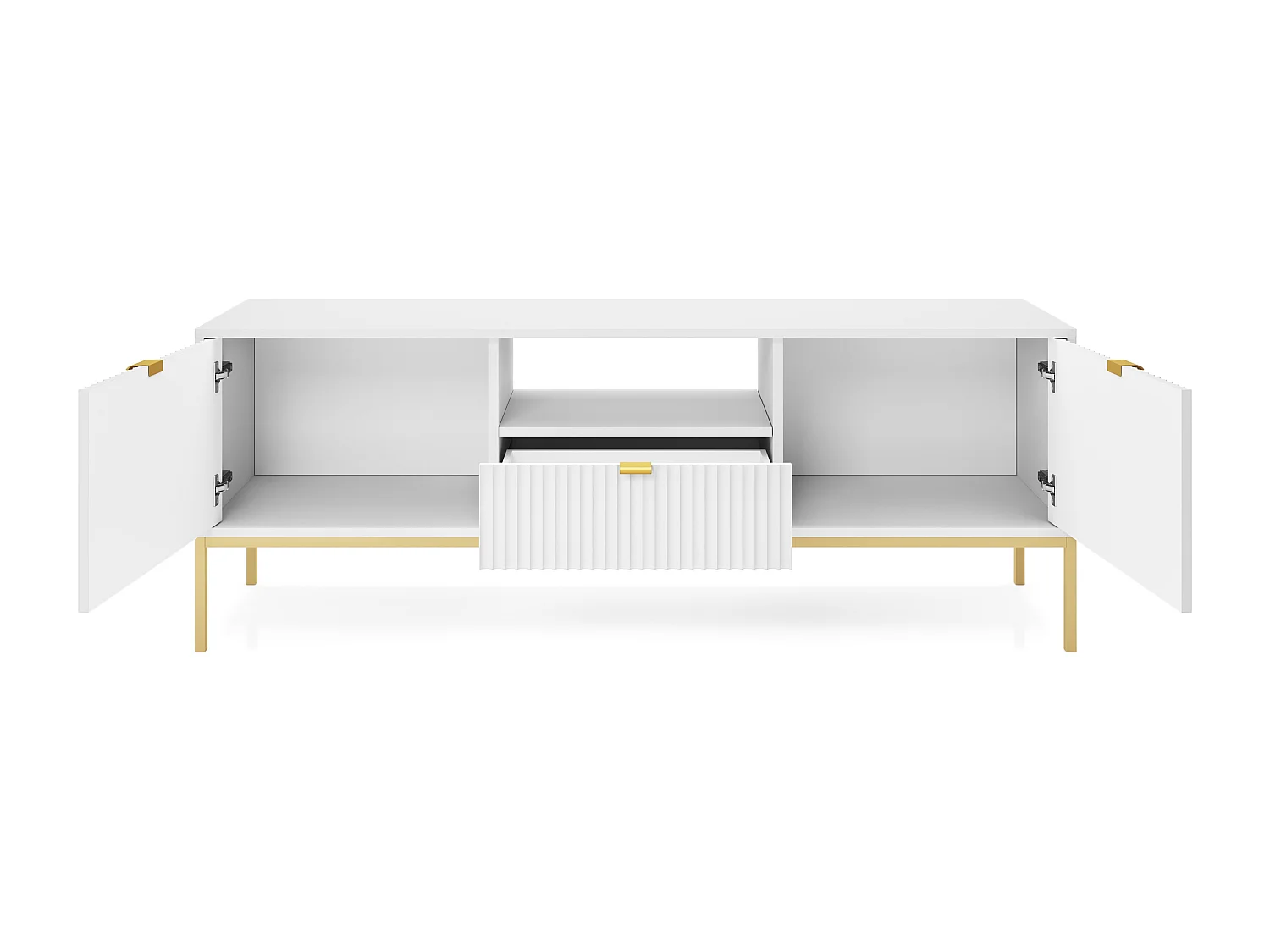 Meuble TV 150 cm Galla - Commode TV à pieds avec tiroir - Blanc + Or