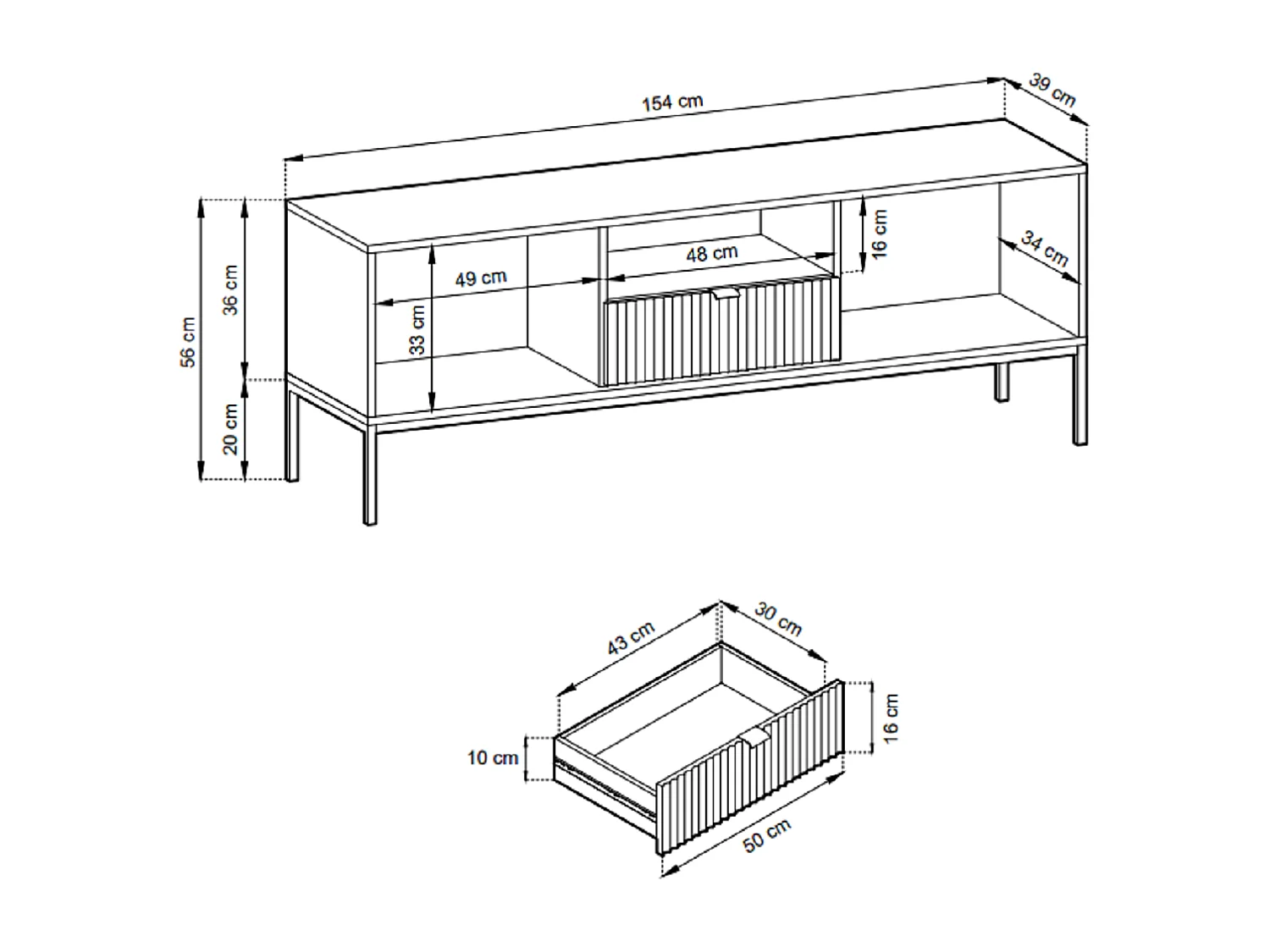 Meuble TV 150 cm Galla - Commode TV à pieds avec tiroir - Blanc + Or