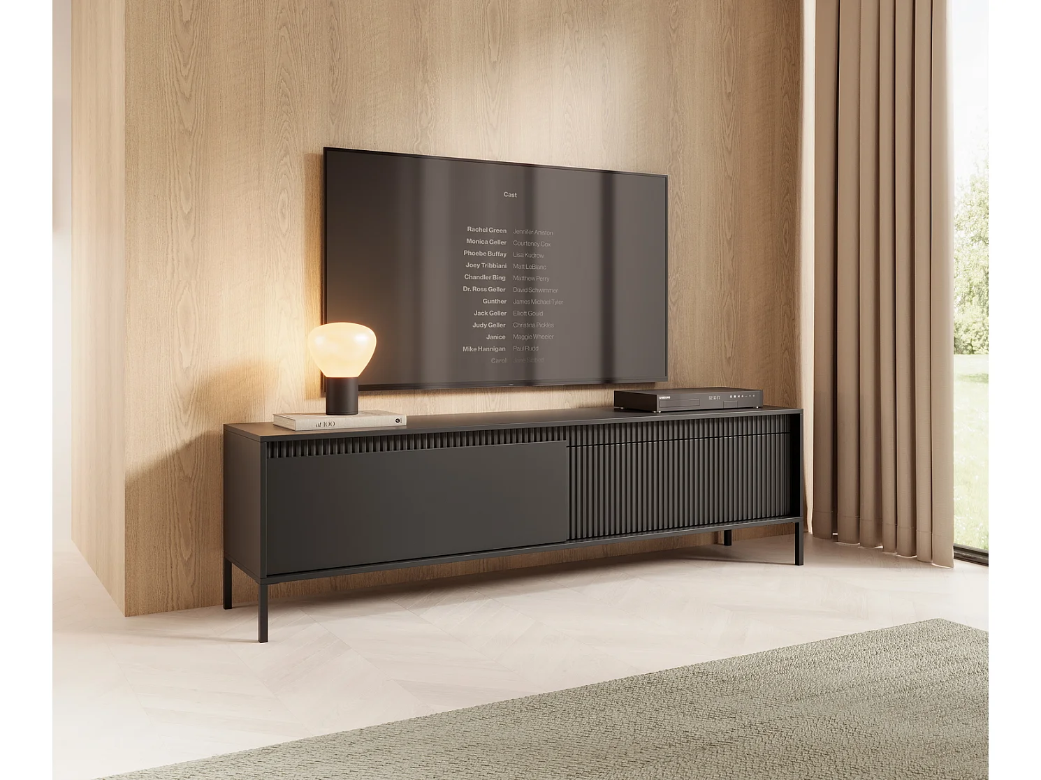 TV-Schrank auf Beinen Santori - 2 Türen, TV-Möbel 187 cm für das Wohnzimmer - Schwarz
