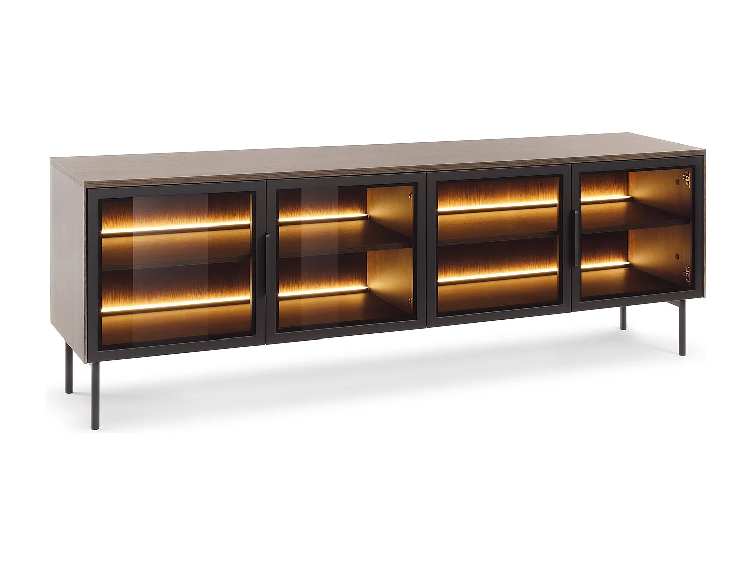 Meuble TV 180 cm Senzia avec LED - 4 portes en verre, pieds hauts 18 cm - chêne Dunin