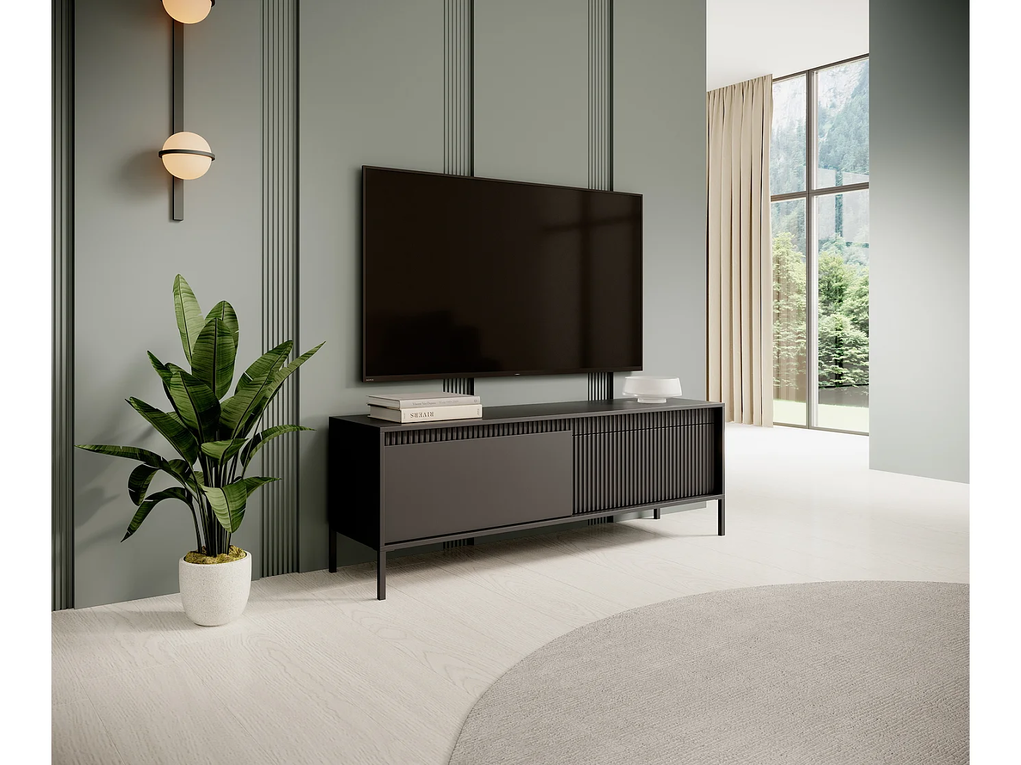 TV-Schrank auf Beinen Santori - 2 Türen, TV-Möbel 153 cm für das Wohnzimmer - Schwarz