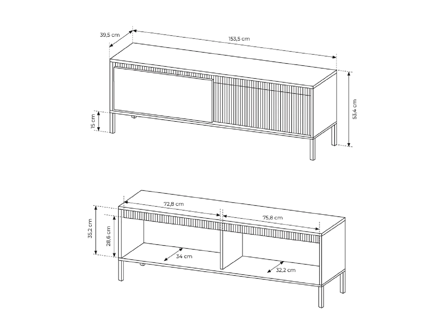 TV-Schrank auf Beinen Santori - 2 Türen, TV-Möbel 153 cm für das Wohnzimmer - Schwarz
