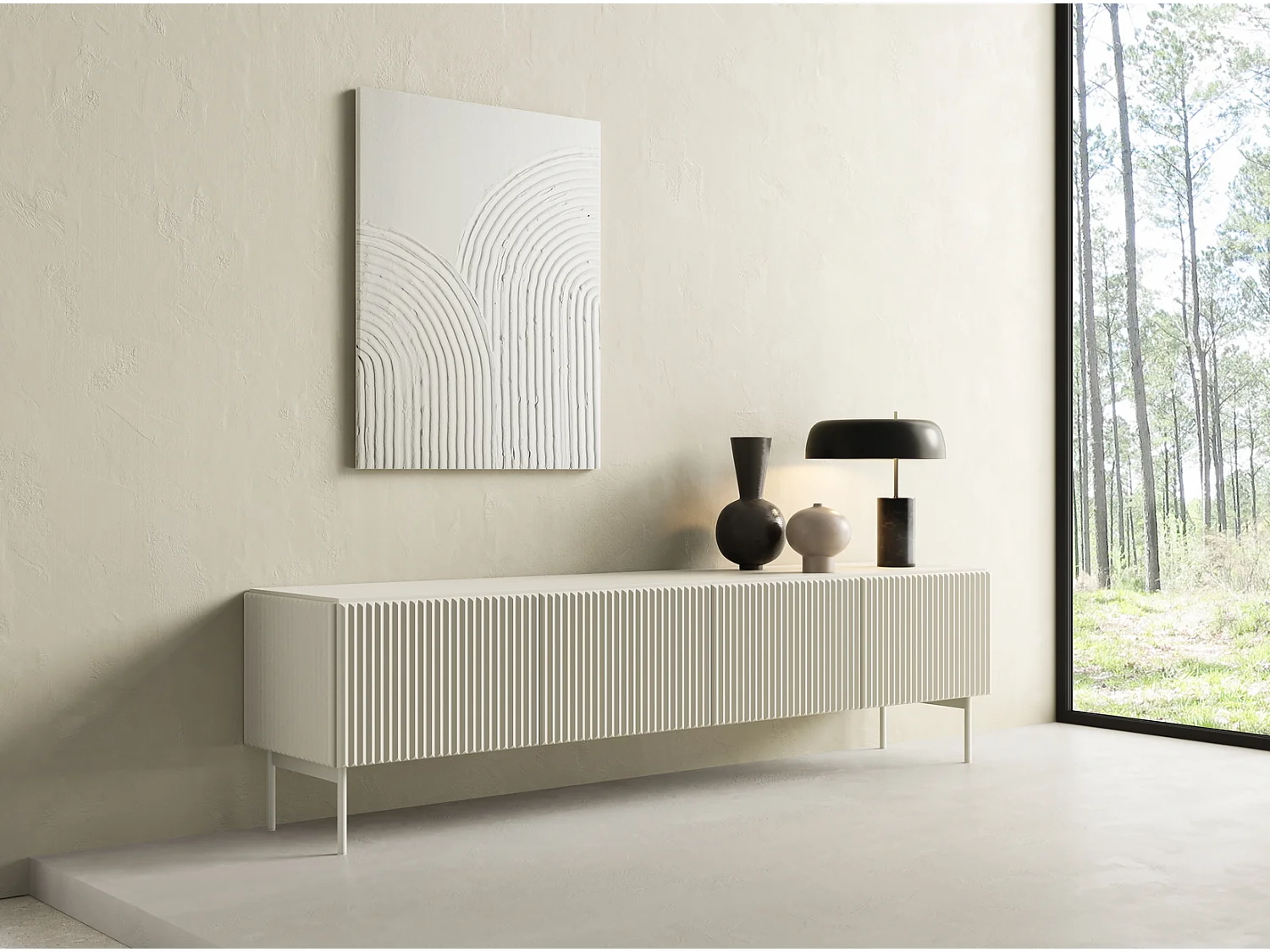 TV-meubel met geribbelde fronten 195 cm Galiano op poten - 4 deuren, tv-meubel voor de woonkamer - kasjmier