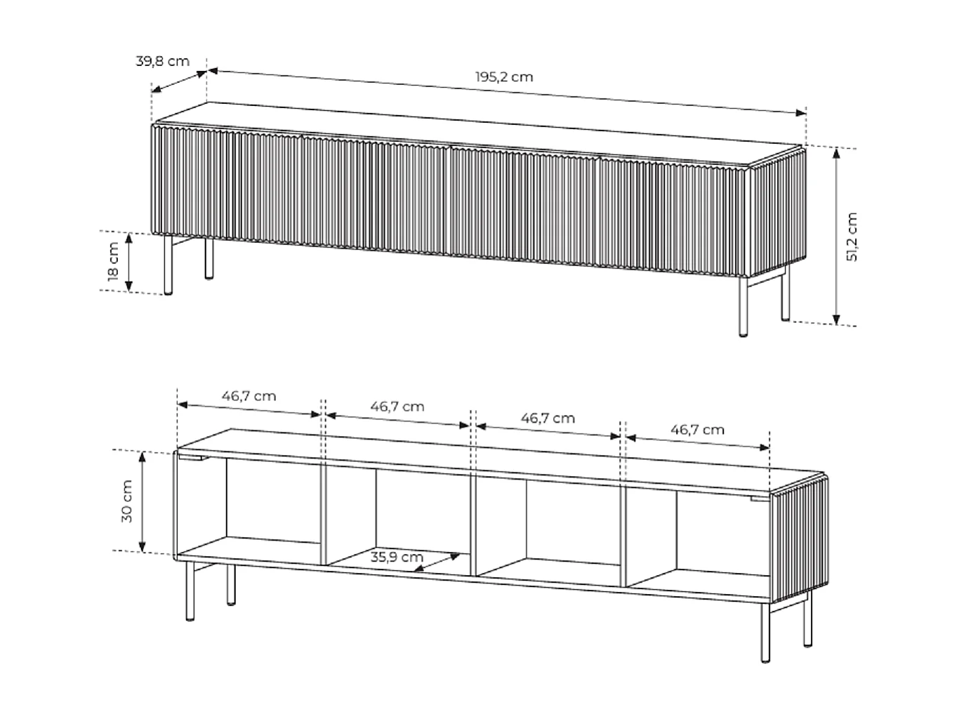 TV-meubel met geribbelde fronten 195 cm Galiano op poten - 4 deuren, tv-meubel voor de woonkamer - kasjmier