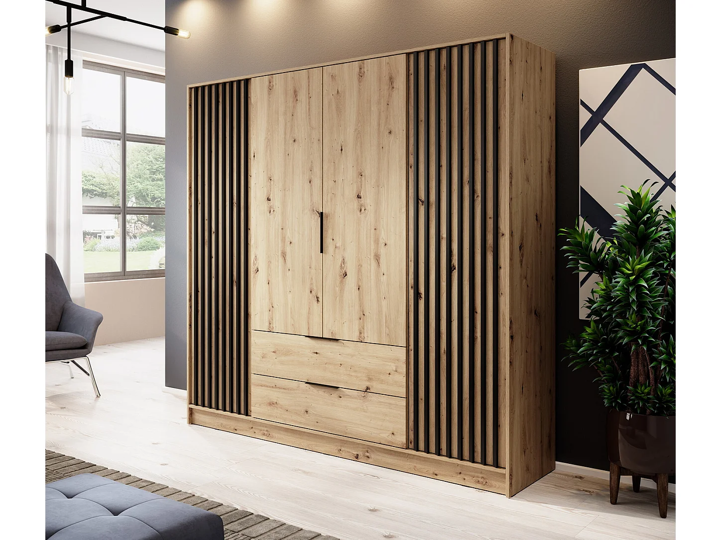 Draaideurkast 200 cm Fioro - kast met lamellen, 2 lades - Artisan eiken